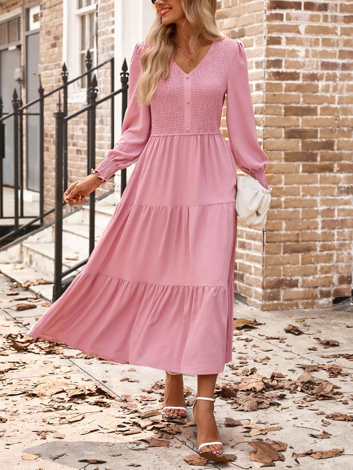 Kate Kasin Womens Long Sleeve Mixi Dress, Smocked Work Dress with Pockets, Elegant Fall Dresses 2025 - Image 5