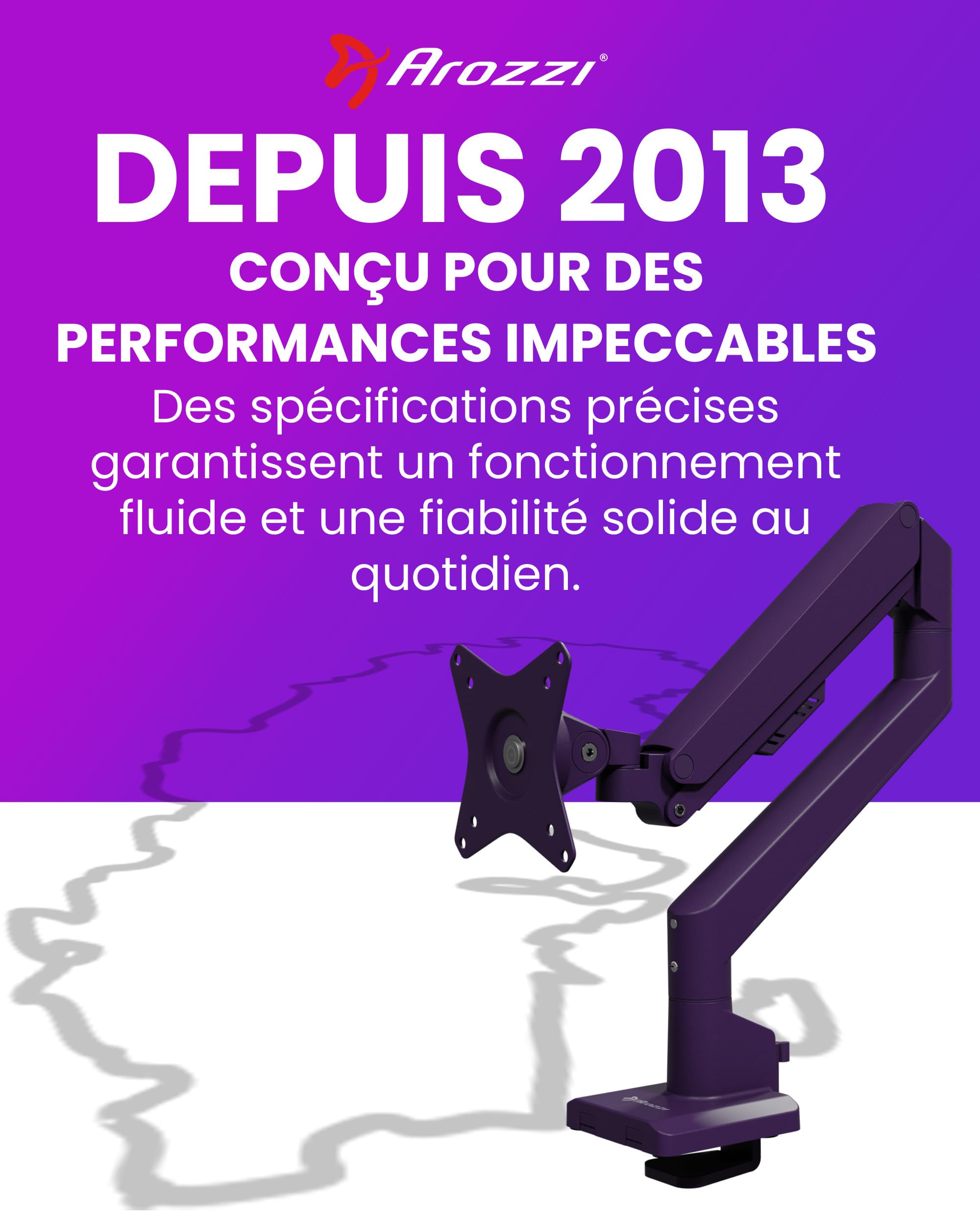 Arozzi Alzare Neo Single Bras Moniteur Ressort à Gaz - Pleine Mobilité, Hauteur Réglable 21–50 cm, VESA 75/100, Gestion des Câbles - Pince de Bureau & Passe-Câble Inclus - Jusqu'à 9 kg - Violet