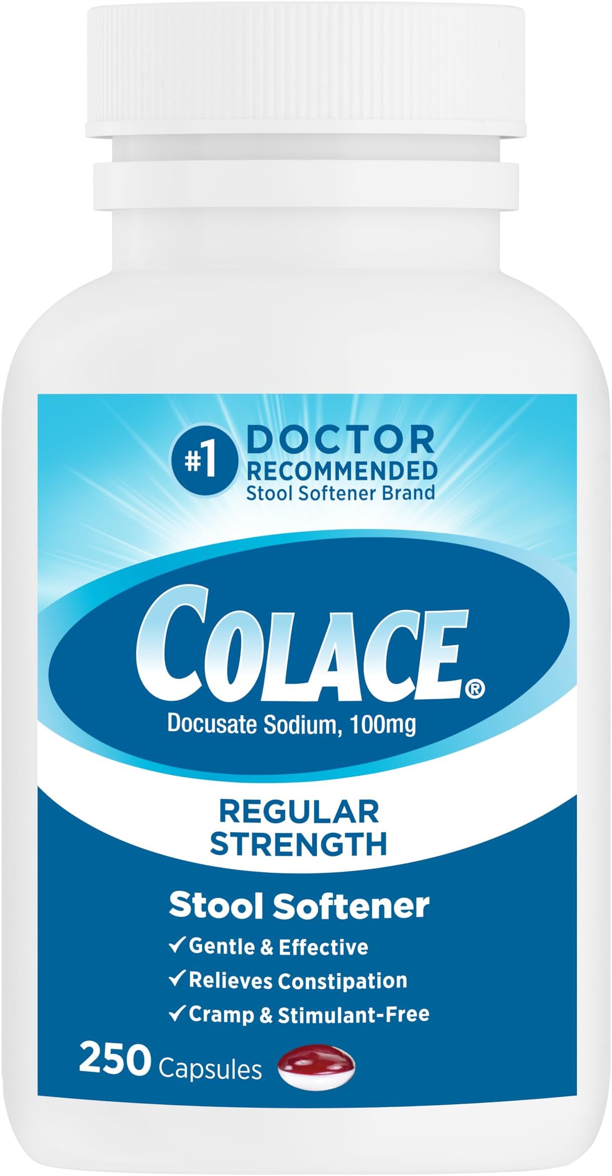 Stool Softener 100 mg, 250 Capsules, Constipation Relief, Docusate Sodium, Gentle Docusate, Stimulant-Free, Regular Strength, #1 Doctor Recommended Stool Softener Brand