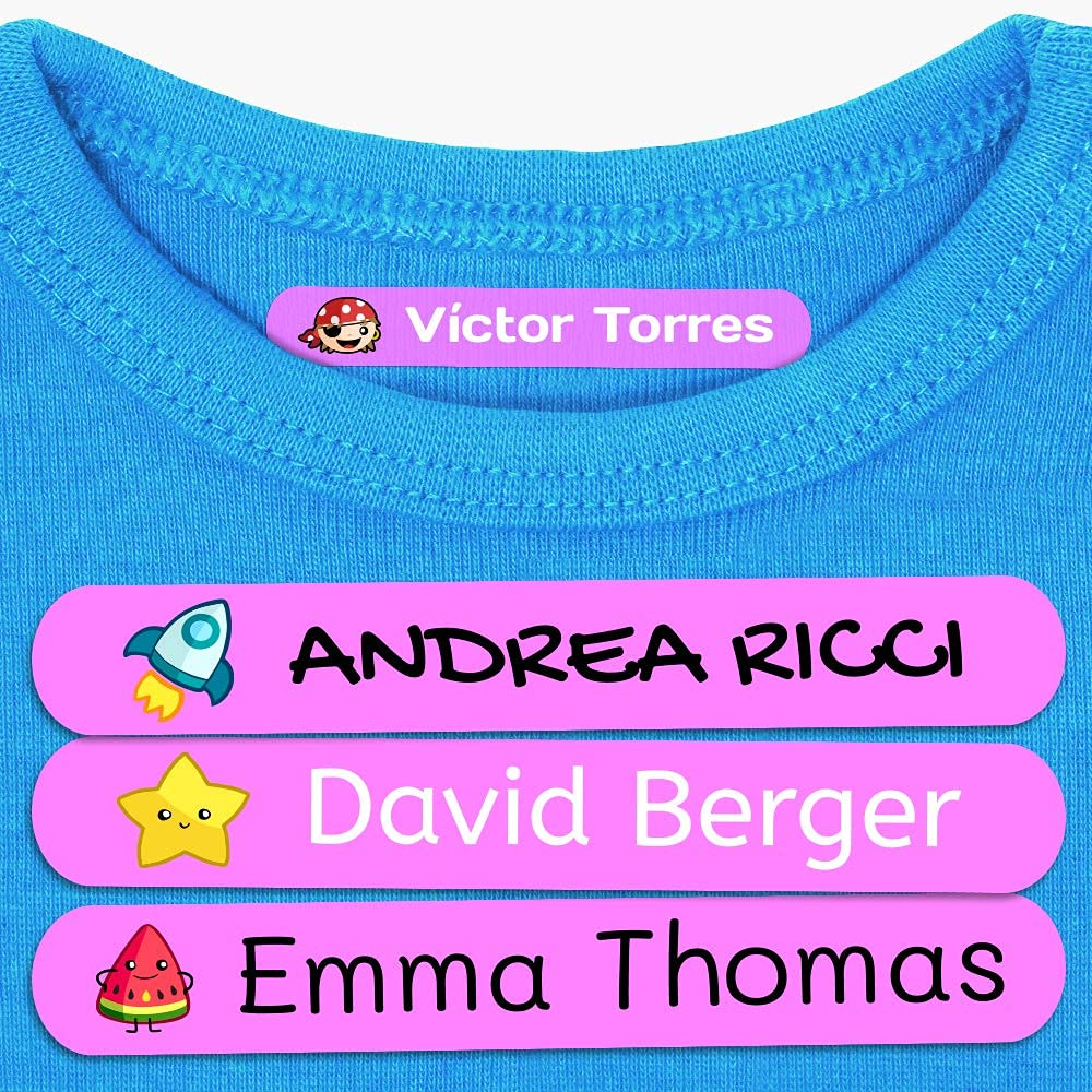 50 Etiquetas adhesivas para ropa personalizadas. Pegatinas termoadhesivas con nombre para marcar la ropa de niños y bebés (con plancha). Tamaño 6 x 1 cm. Resistentes a lavadora.