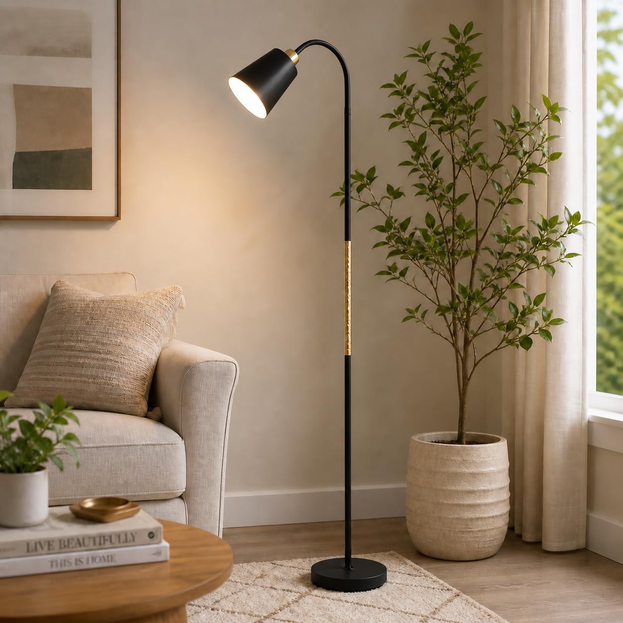 BURAKH Modern Metal Floor Lamp with Adjustable Head - Tall Standing Reading Light for Living Room, Bedroom, Office, Study - Bright LED Compatible Task Lamp with Sturdy Base (Black)