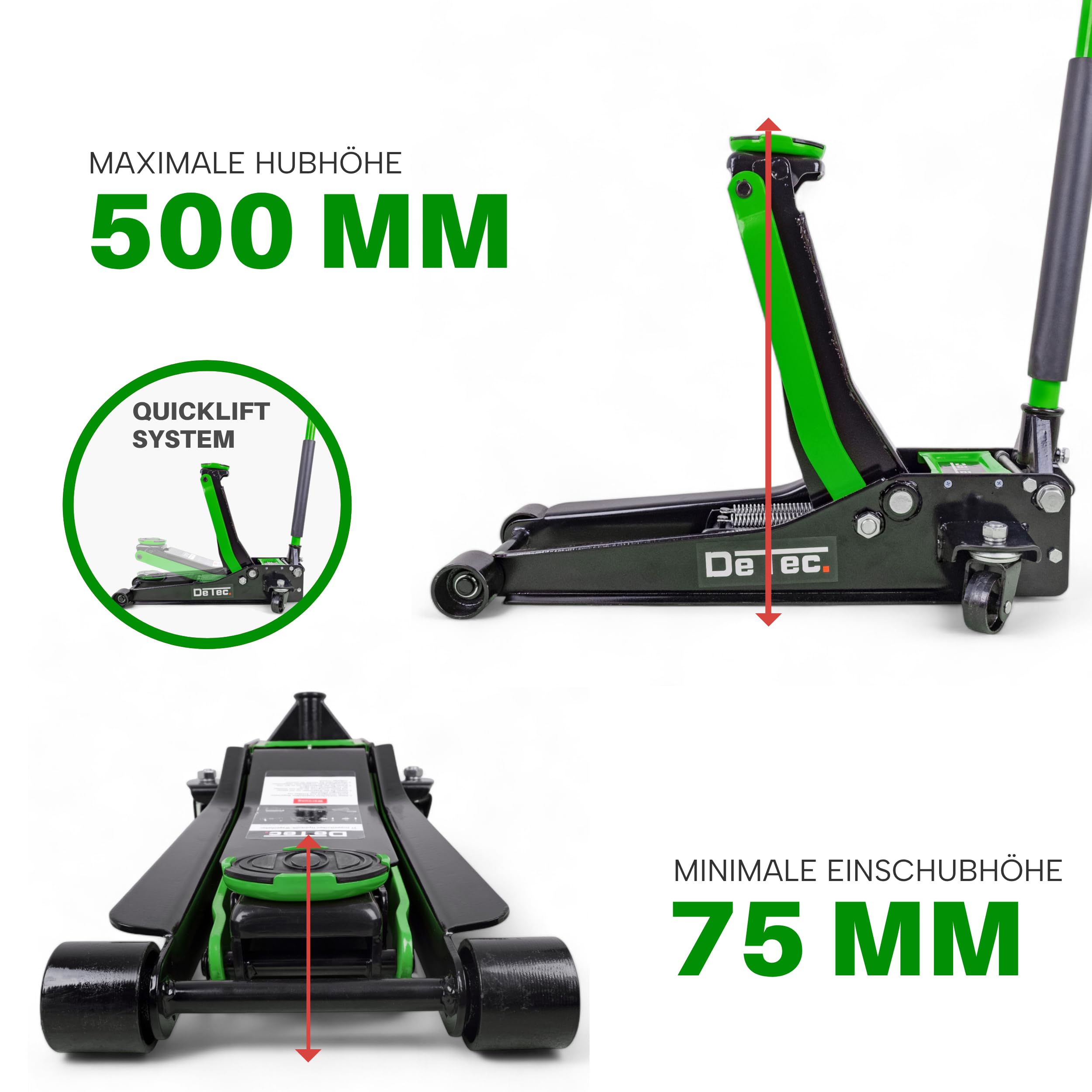 DeTec. Rangierwagenheber 3T, Quick Lift, 75-500mm Hub, Doppelkolben