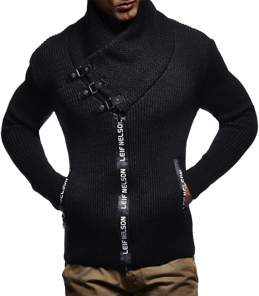 Leif Nelson Herren Strickjacke Schalkragen Slim Fit Winter-Freizeit-Jacke Sommer Basic Männer Pulli Grobstrick Sweatjacke Langarm Schwarzer Hoodie-Pullover LN5465