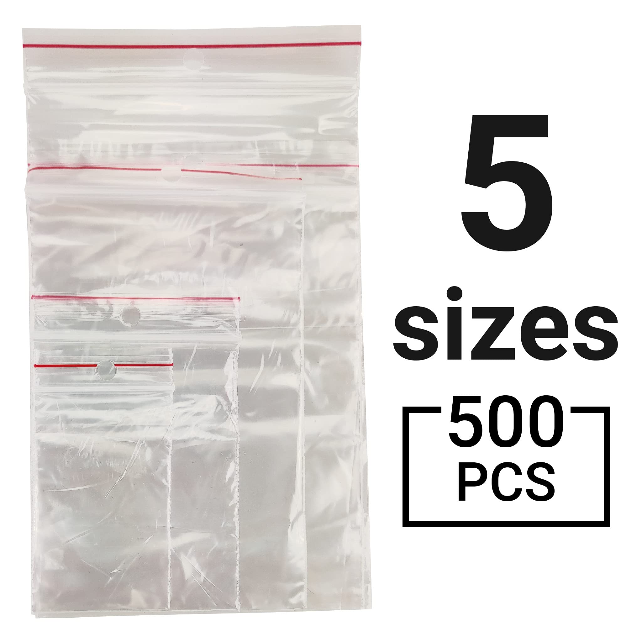 Netuno 500 Sacchetti con Chiusura a Pressione Trasparenti Mix Misure grandi (100 pezzi x 5 formati) bustine plastica Polietilene Buste con Zip Sacchetti di Plastica Richiudibili Polybags Trasparenti