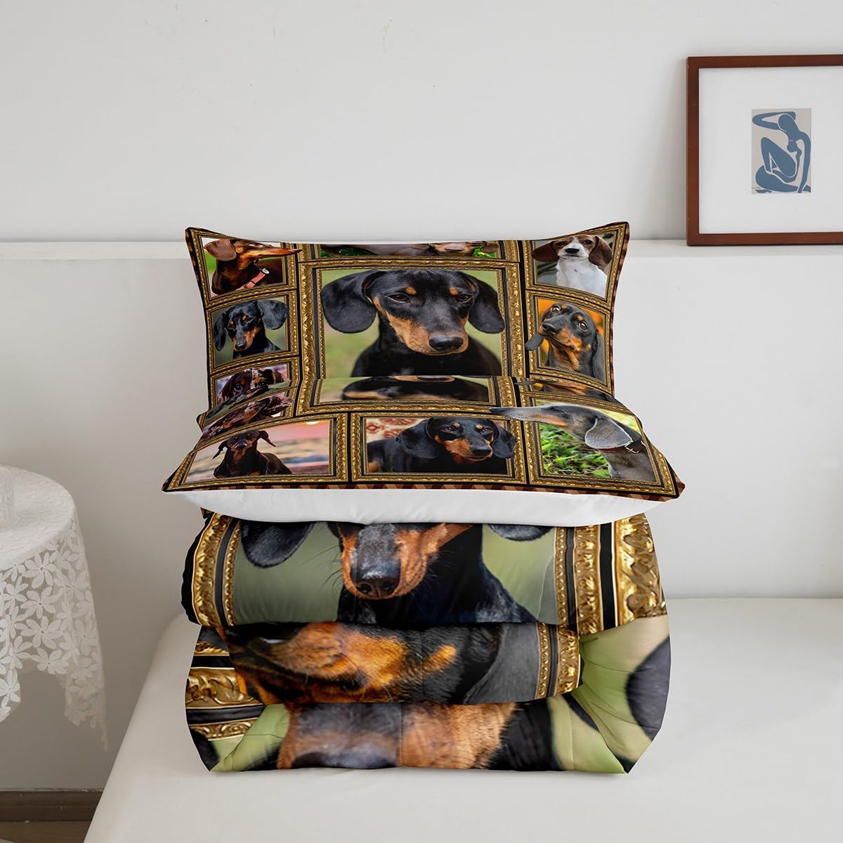 Feelyou Dachshund Comforter Set Queen Size Cute Dog Puppy Comforter for Kids Teens Adults Dachshund Lover Gift Bedding Set Dog Lover Quilt Set Room Decor 3Pcs with 2 Pillow Case