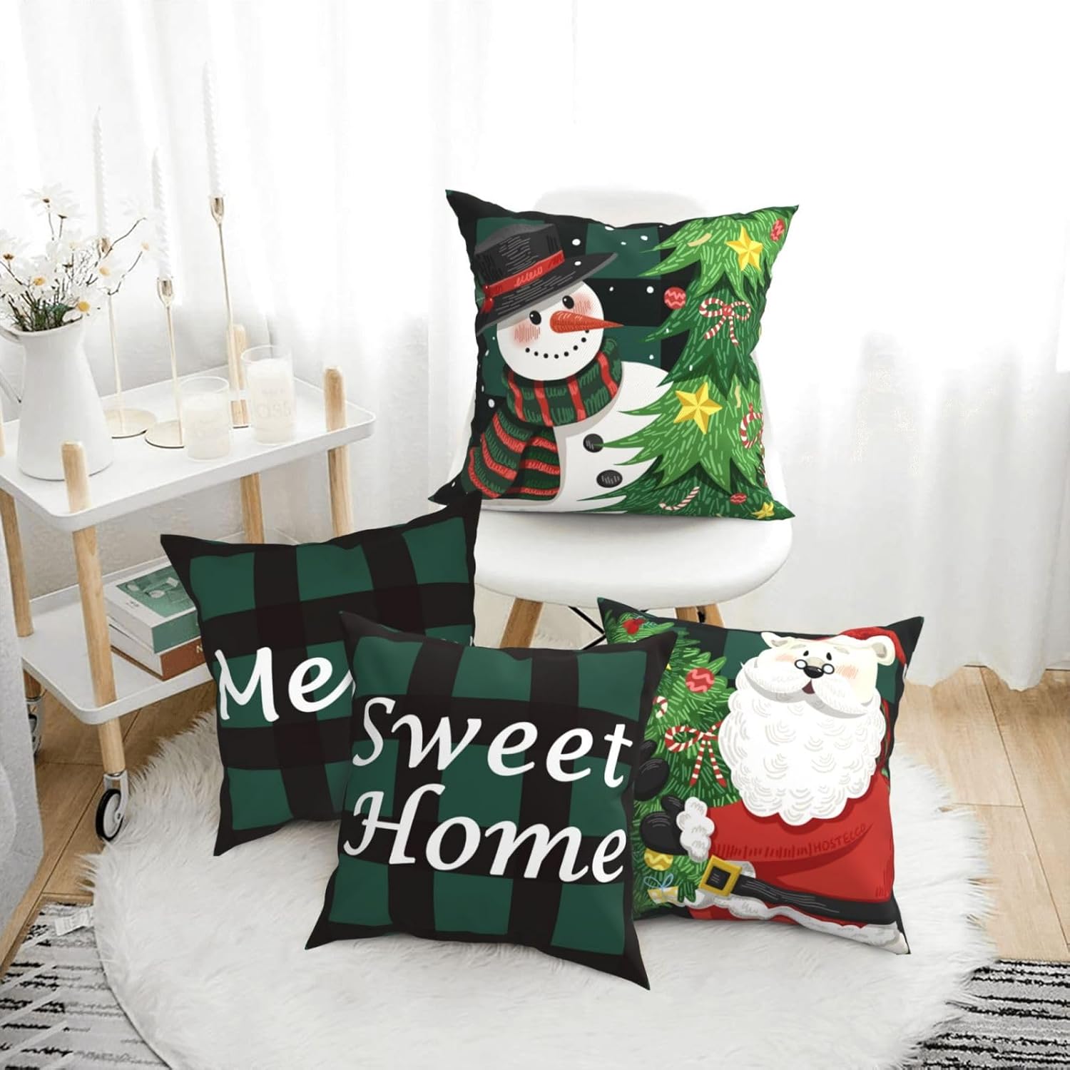 HOSTECCO Christmas Throw Pillow Covers 18x18 inch Set of 4 Xmas Buffalo Plaid Pillow Cases Green and Black Winter Holiday Decorative Cushion Cases for Sofa Living Room