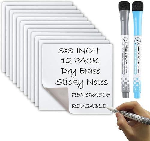 Notas adhesivas de borrado en seco, adhesivo reutilizable para pizarra blanca (paquete de 12 unidades cuadradas de 3 pulgadas), 2 marcadores