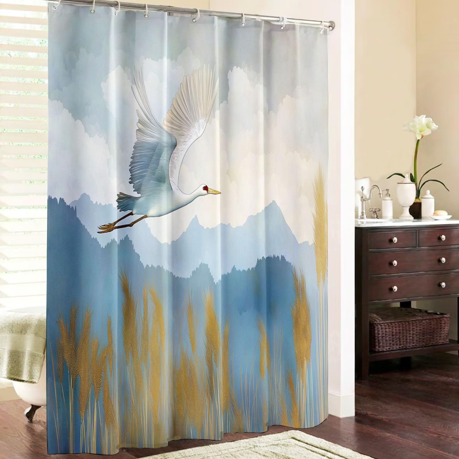 Cortina de Ducha Acuarela Montañas240x200cm,Grúa Lavables Cortina de Baño,Poliéster Textil Impermeable Cortina Ducha para Bañera con 12 Ganchos
