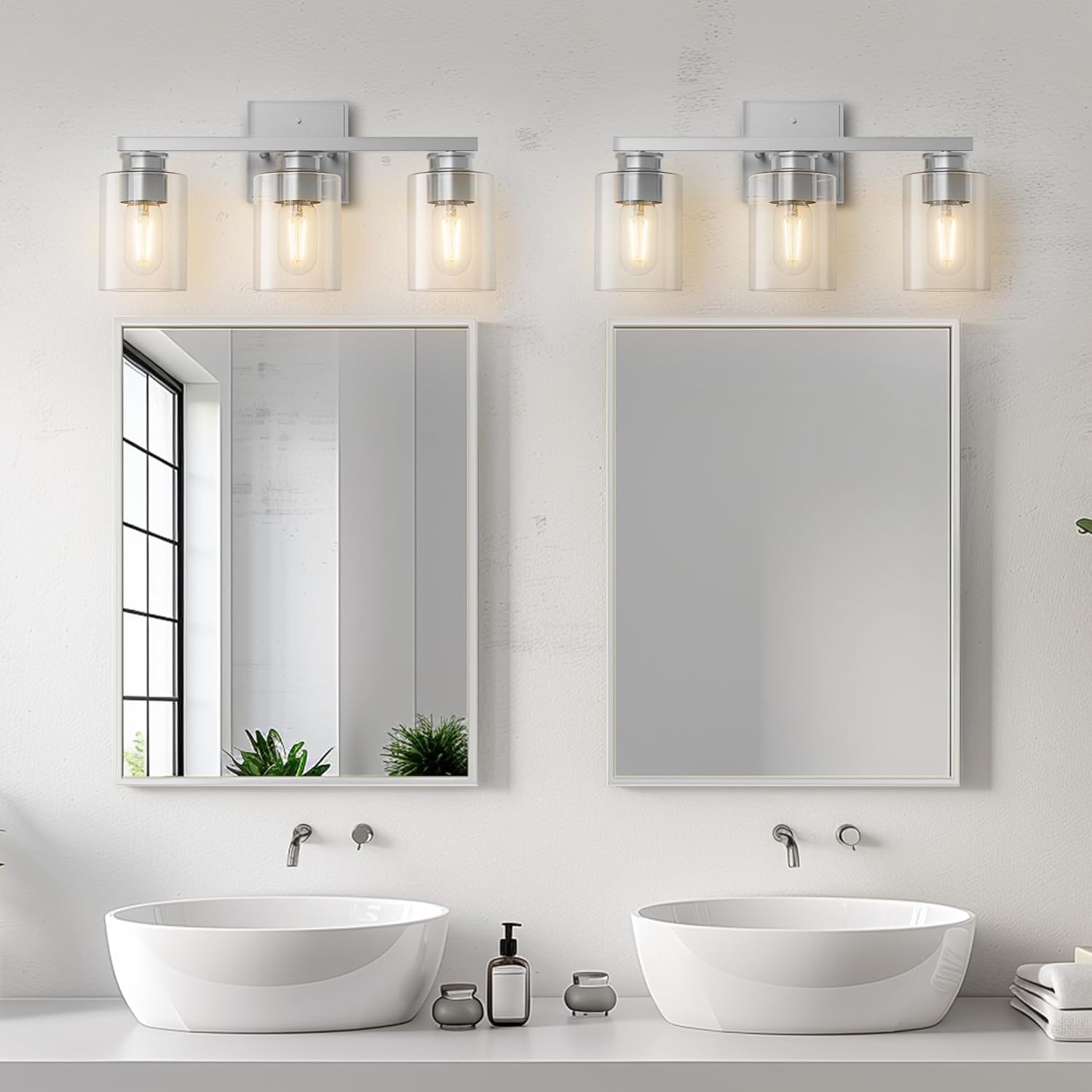 L LOHAS LED 3-Light Bathroom Light Fixtures Over Mirror, 17.7-Inch Nickel Bathroom Vanity Light with Clear Glass Shade, Modern Vanity Lights for Bathroom Hallway Living Room Bedroom, E26, UL Listed