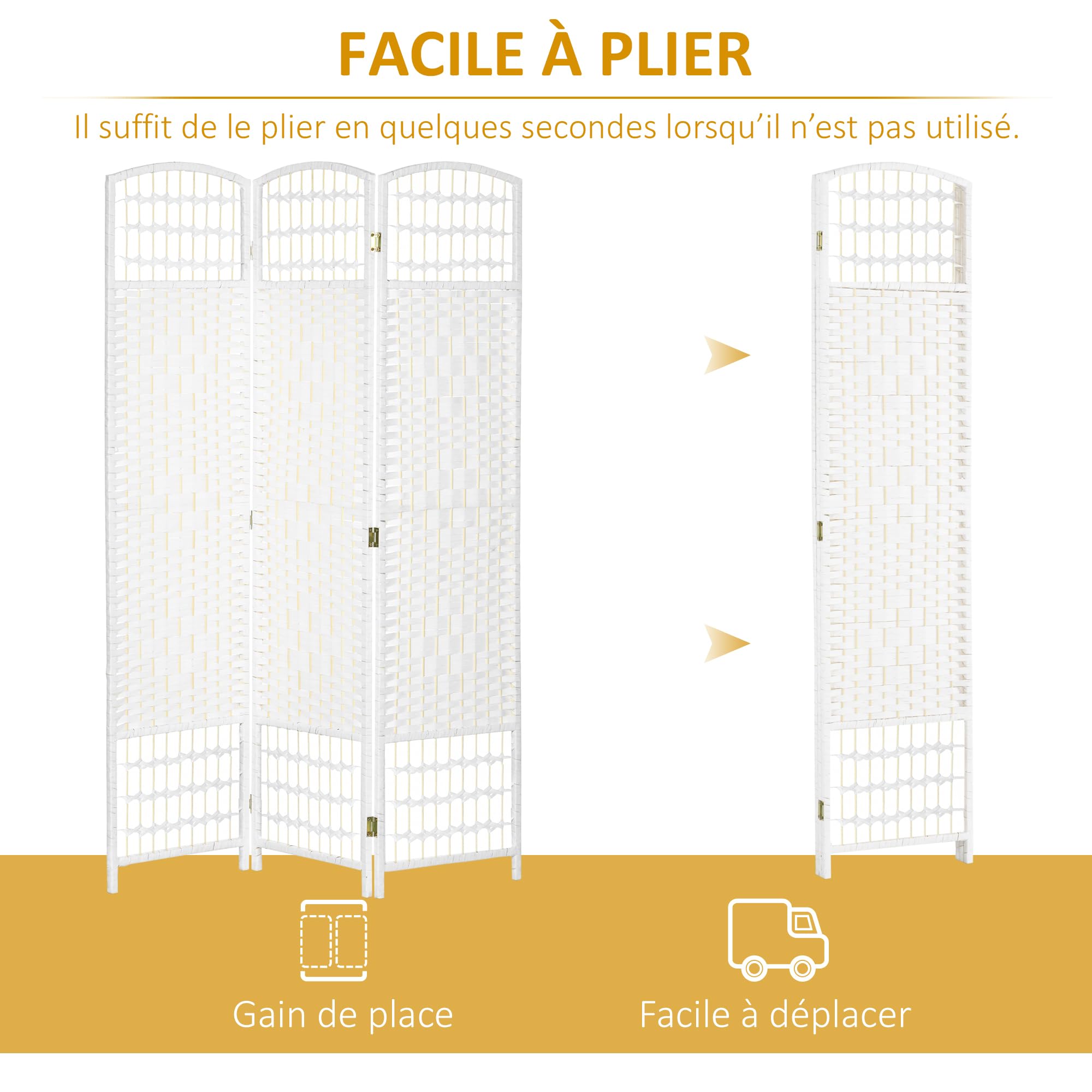 HOMCOM Paravent en Bois 120 x 170 cm séparateur de pièce Pliable 3 Panneaux cloison de séparation Chambre à Coucher Maison intérieur Blanc