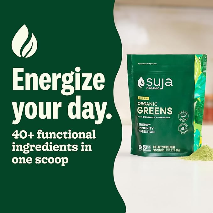 Suja Organic Greens Powder Probiotic Blend, Spirulina, Daily Superfood Drink or Smoothie Mix for Immune Support, Digestion, & Energy, Vegan, Gluten Free, Non GMO, 30 Servings