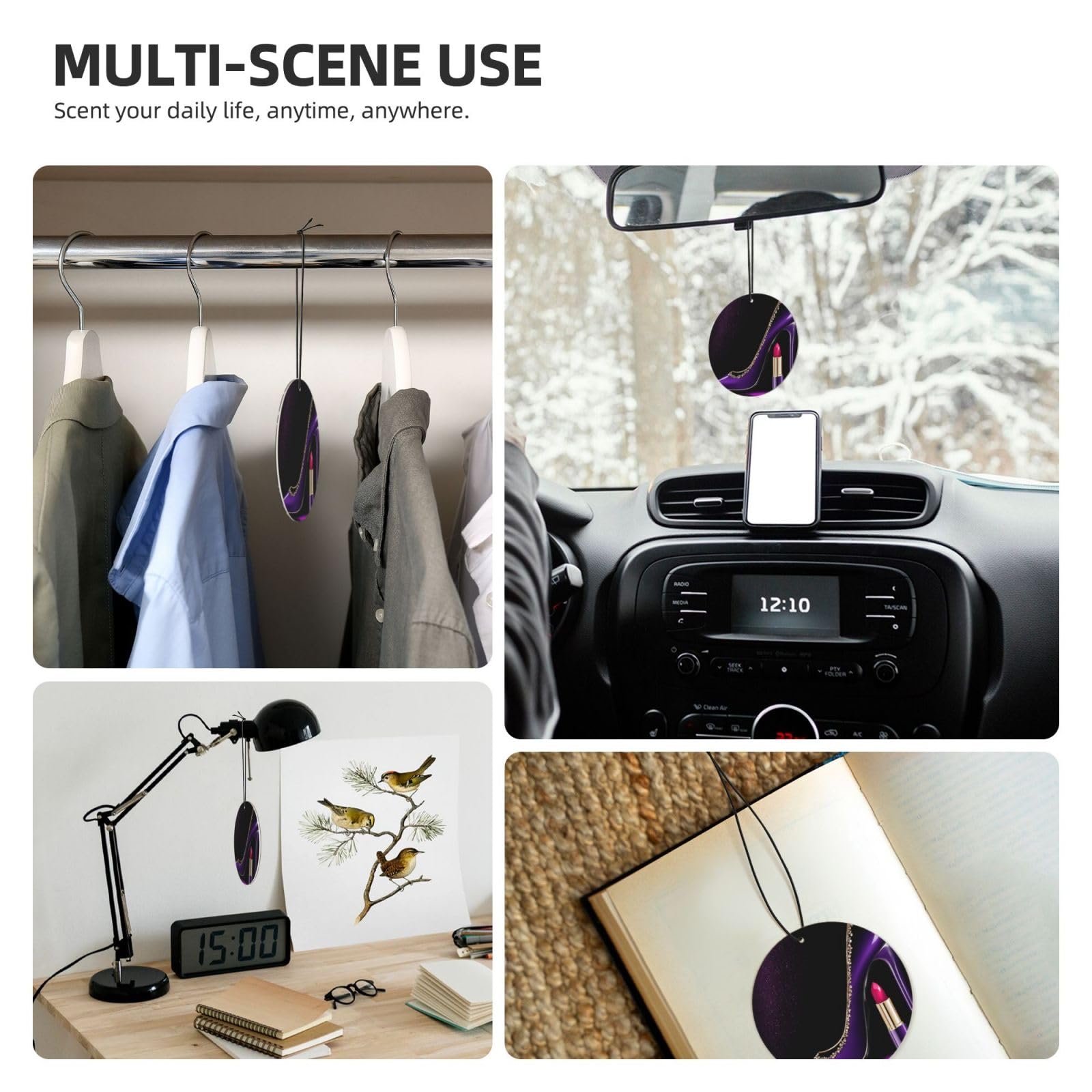 (Elegant Purple High Heels mit Lippenstift) bedrucktes Papier Auto-Lufterfrischer Lavendelduft hängender Geruchsentferner 10/40/100 Stück für Fahrzeug Zuhause Schrank Kleiderschrank – runde Form
