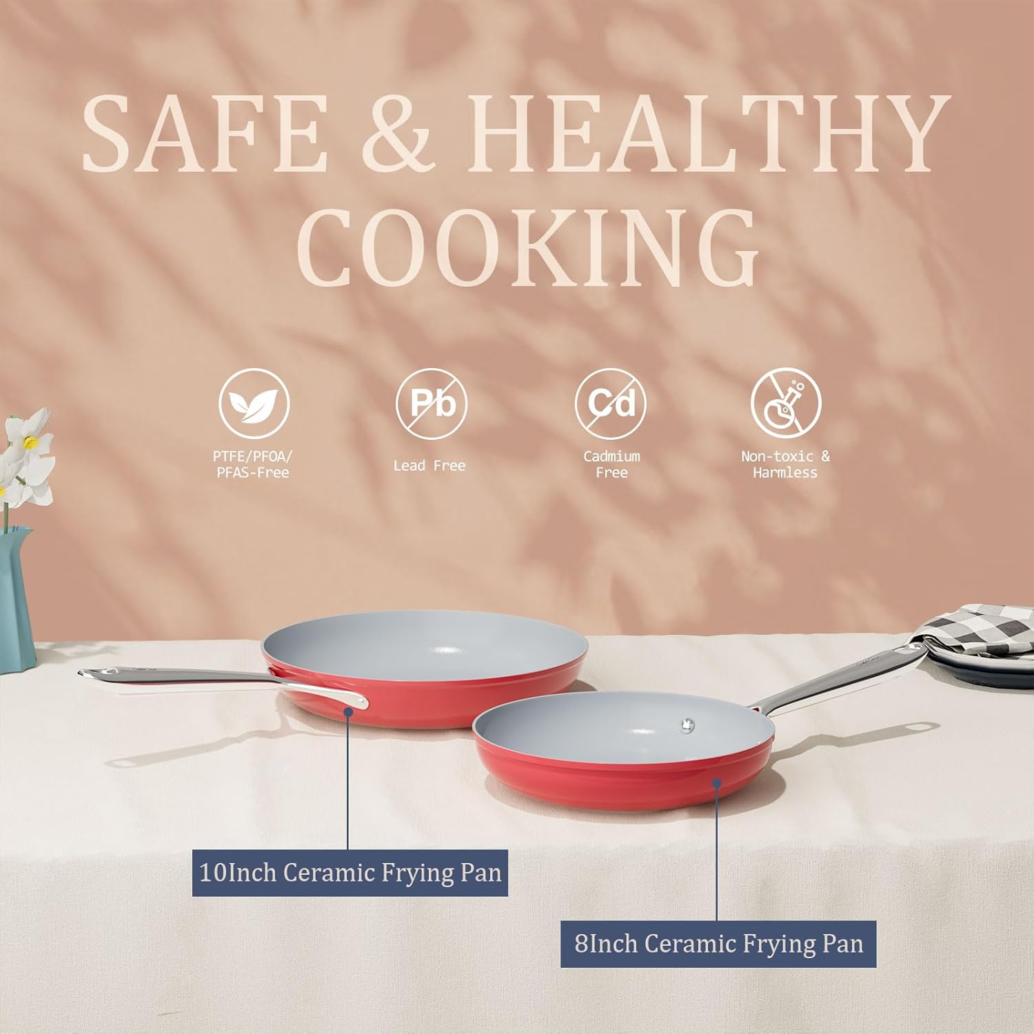 Healthy Ceramic Nonstick Cookware Set-11″ 4.5qt Non-Toxic Ceramic Sauté Pan w/ Lid & 10″ Nonstick Ceramic Frying Skillet, PTFE/PFOA/PFAS Free, Oven & Dishwasher Safe, All Cooktops Compatible, Even Hea