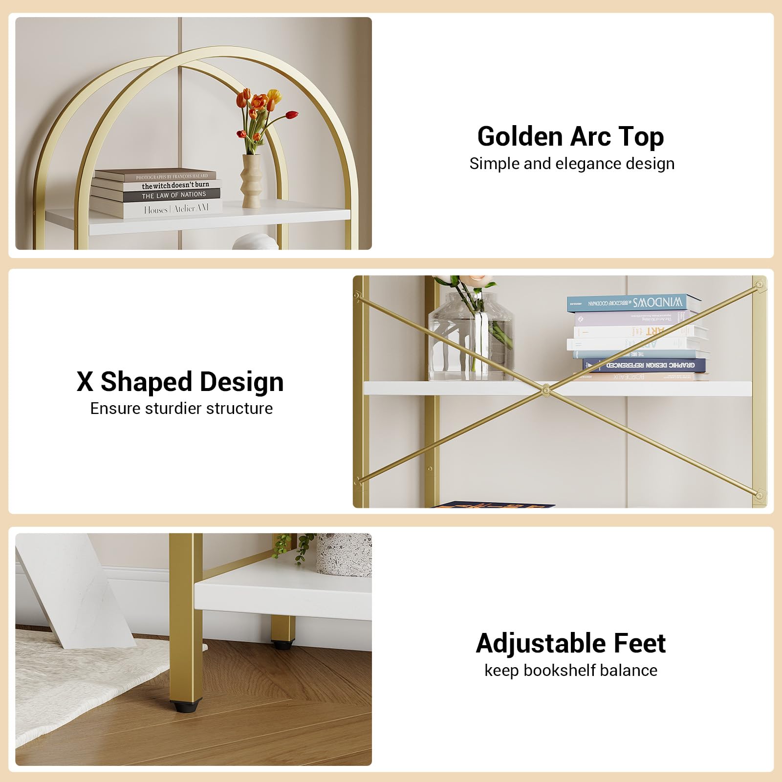 Libreria ad arco a 5 ripiani, alta 180 cm, con struttura in metallo dorato, scaffale autoportante in stile industriale per casa e ufficio.
