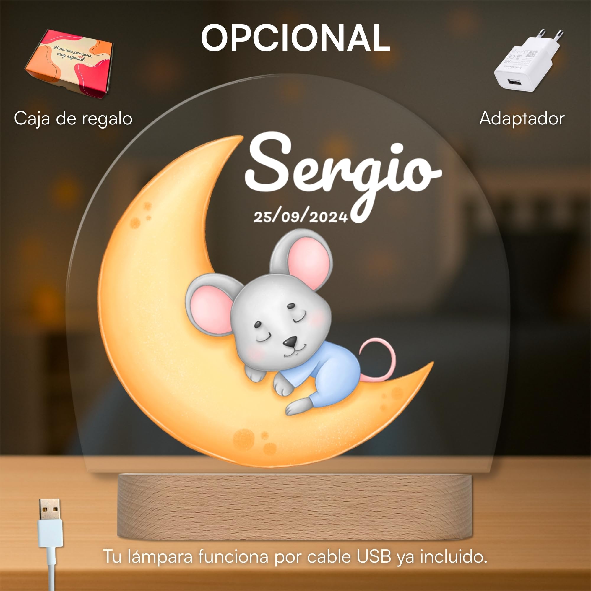 Lámpara Infantil Personalizada con Nombre y Fecha - Luz Quitamiedos LED - Regalo Bebé Recién Nacido, Bautizo o Cumpleaños - Decoración Infantil (Ratón)
