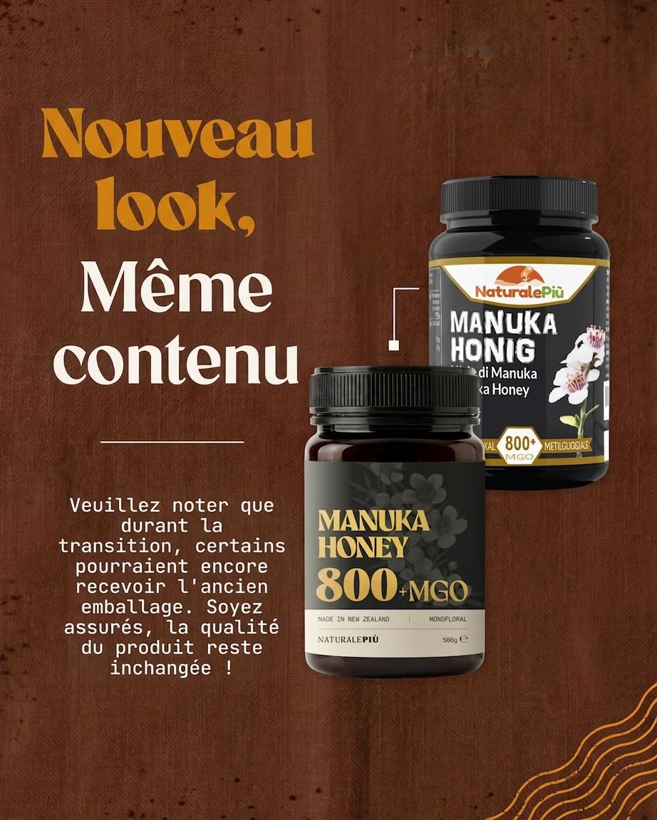 NaturalePiù Miel de Manuka 800+ MGO - 250g Brut et Bio de Nouvelle-Zélande - Miel cicatrisant monofloral - Pour Thé, Smoothies et Pâtisserie - Pur et Actif - Méthylglyoxal Certifié en Laboratoire