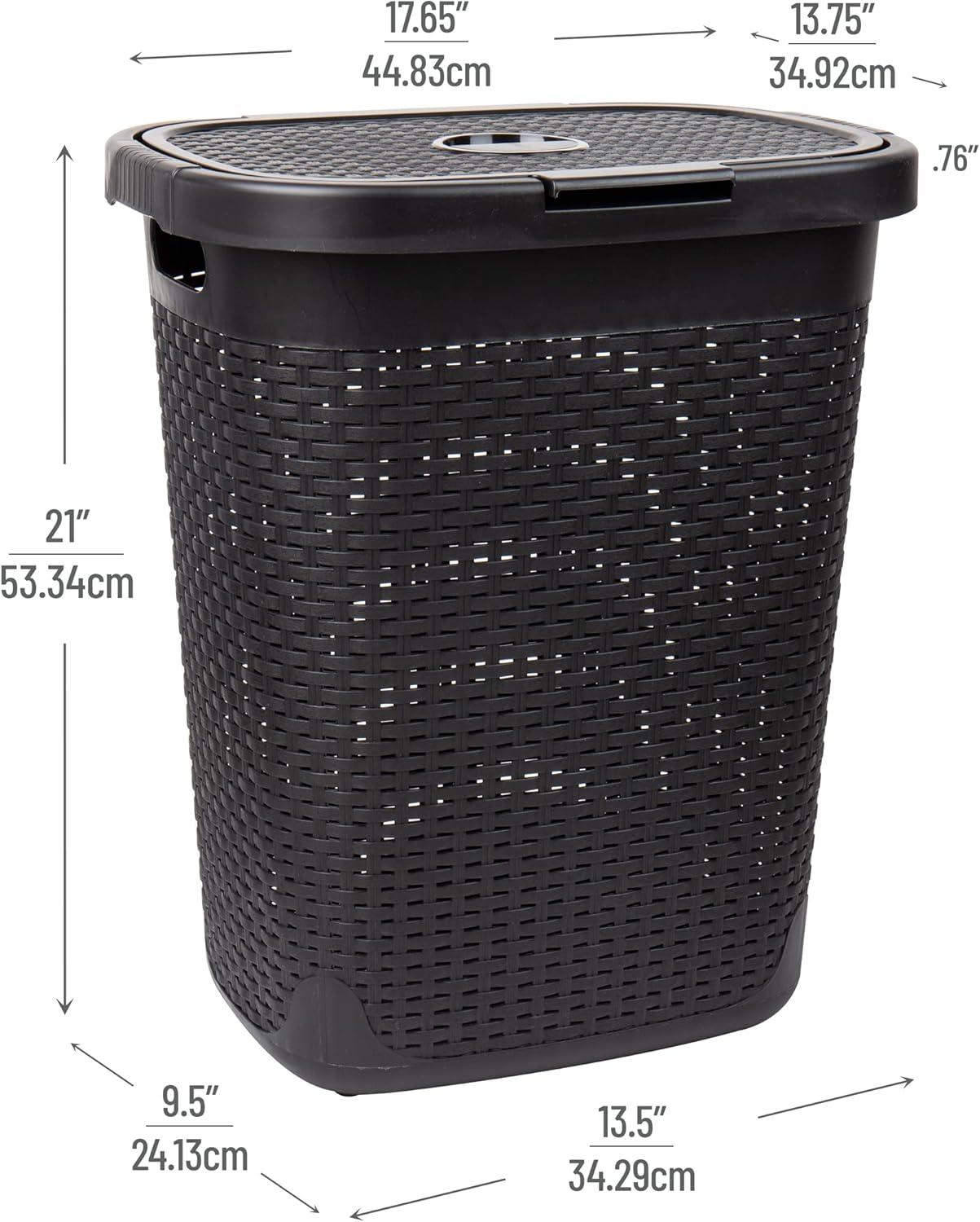 Mind Reader 50L Slim Laundry Hamper, Set of 2, Clothes Basket, Lid, Wicker Design, Plastic, 17.65"L x 13.75"W x 21"H, Black