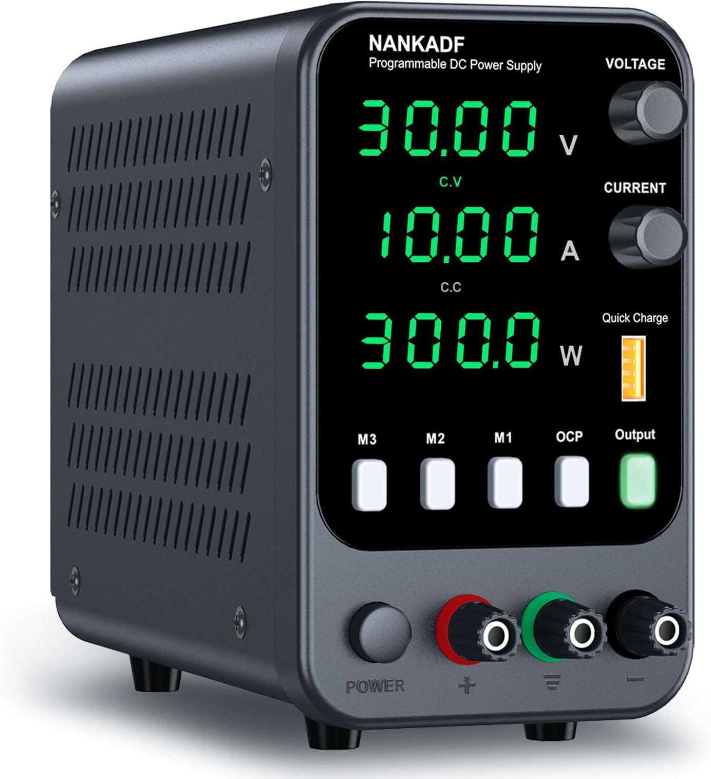 DC Power Supply, 30V 10A Bench Power Supply with Memory Storage & Recall，Variable Power Suppy with Encoder Adjustment Knob, 5V/3.6A USB Quick-Charge & OCP Short Circuit Alarm (0-30v 0-10a)