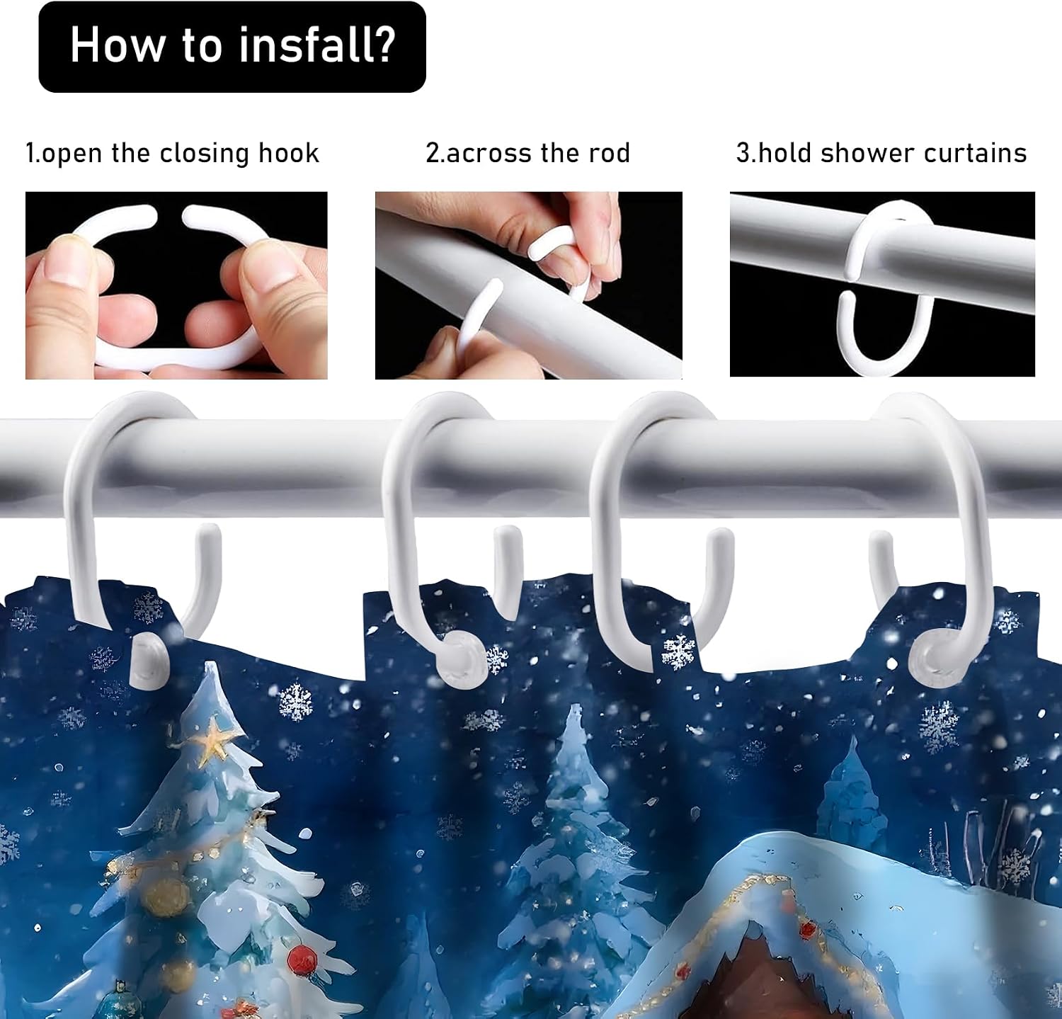 AZHM Christmas Shower Curtain Sets with Rugs Snowy Night Cottage and Christmas Tree Bathroom Sets 4PCS Santa Claus and Snowman Decor for Bathroom
