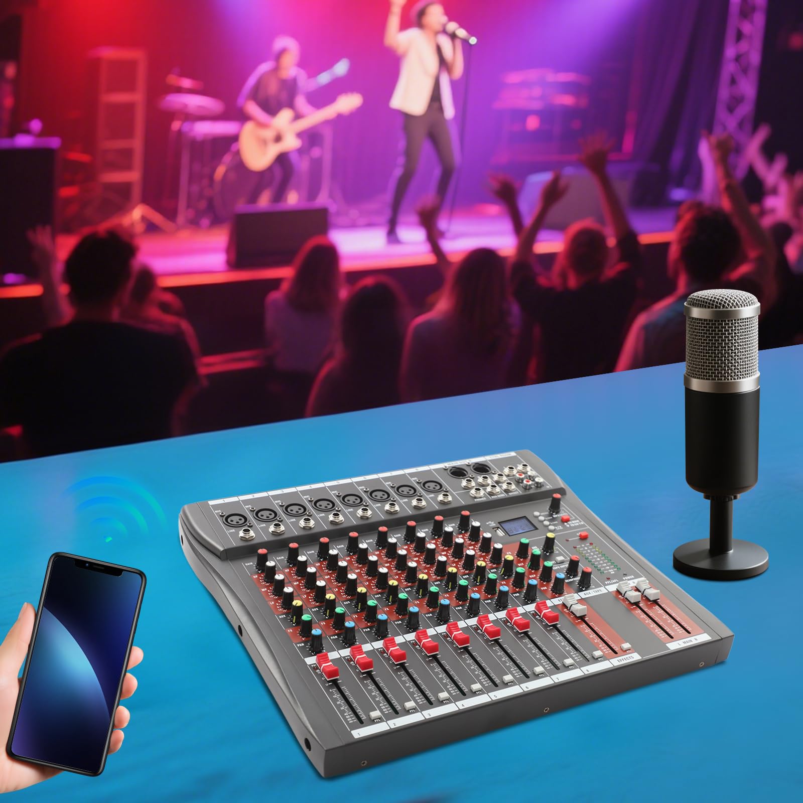 Mikser 8 kanałów audio, mikser stereo, konsola mieszająca, Bluetooth, USB, nagrywanie, odtwarzanie komputera, zasilanie fantomowe, cyfrowy mikser audio, wzmacniacz