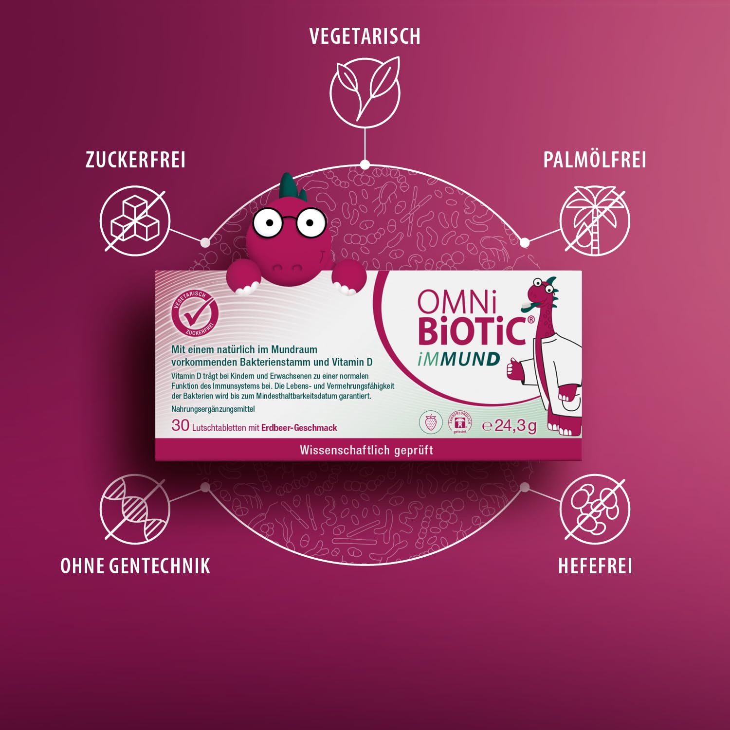 OMNi BiOTiC iMMUND | 60 Lutschtabletten | 1 Bakterienstamm | 1 Mrd. Keime pro Lutschtablette | Mit Vitamin D | Vegetarisch | Zuckerfrei | Zur täglichen Anwendung | Für Erwachsene und Kinder