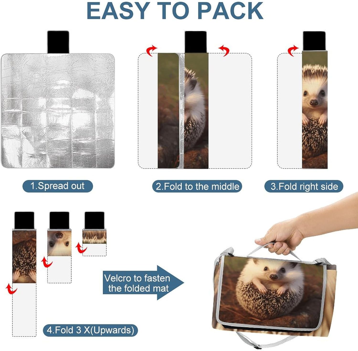 Outdoor Picnic Blanket,Hedgehog Print Picnic Blankets,Large Beach Blanket Sand Free Foldable Portable Camping Blanket, 58.3x58.3