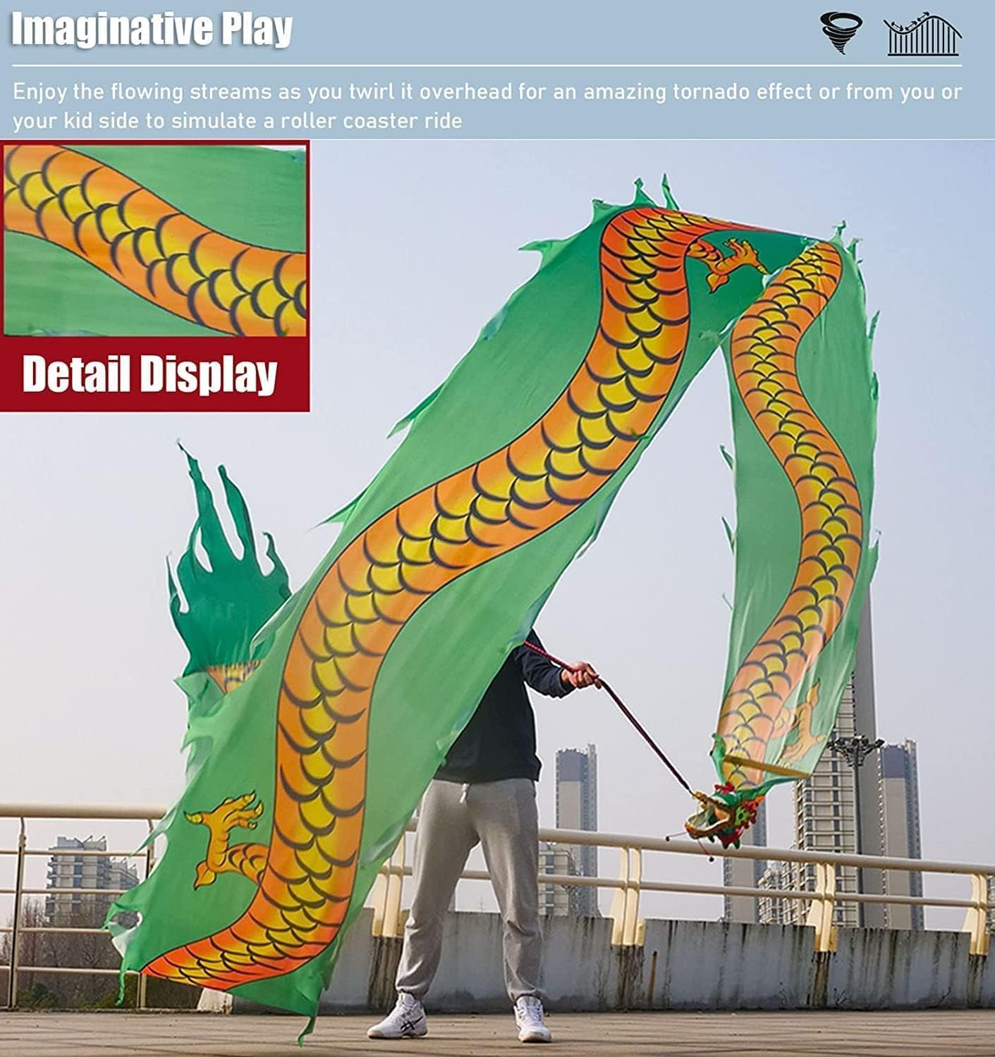 Drachentanz Löwentanz Requisiten Performance Stoff Seidenstreamer Drachentanzband Mit Drachenkopf Seide Fließend Schütteln Schleudern Löwentanz Chinesischen Maskottchen Drachentanz(C,10m/33ft)