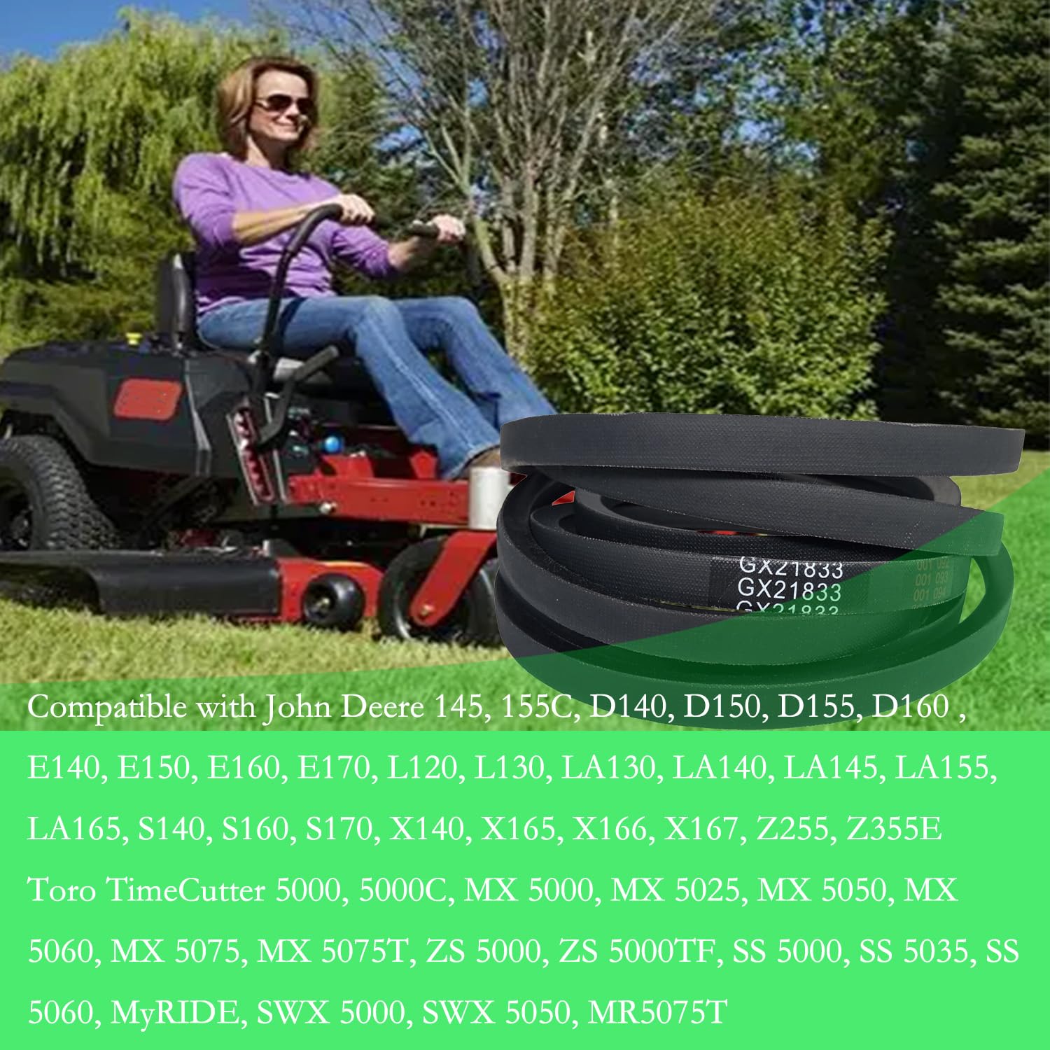 GX21833 - Correa de transmisión para cortacésped, correa de repuesto para John Deere GX21833 GX20571, compatible con John Deere D140 D150 D160 L120 L130 145 155 con cubierta de 48 pulgadas,