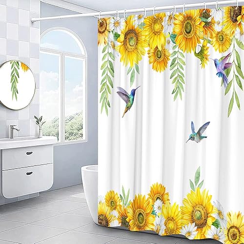 Miniatura 2 de Cortina de ducha de girasol, flores amarillas, hojas verdes, plantas, colibrí, flores, primavera, granja, rústico, botánico, cortinas de baño, juego