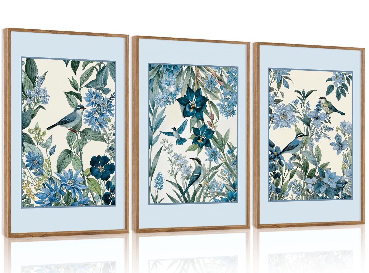 Aurlan Chinoiserie Blue Birds Flowers Wall Art 3 Panels