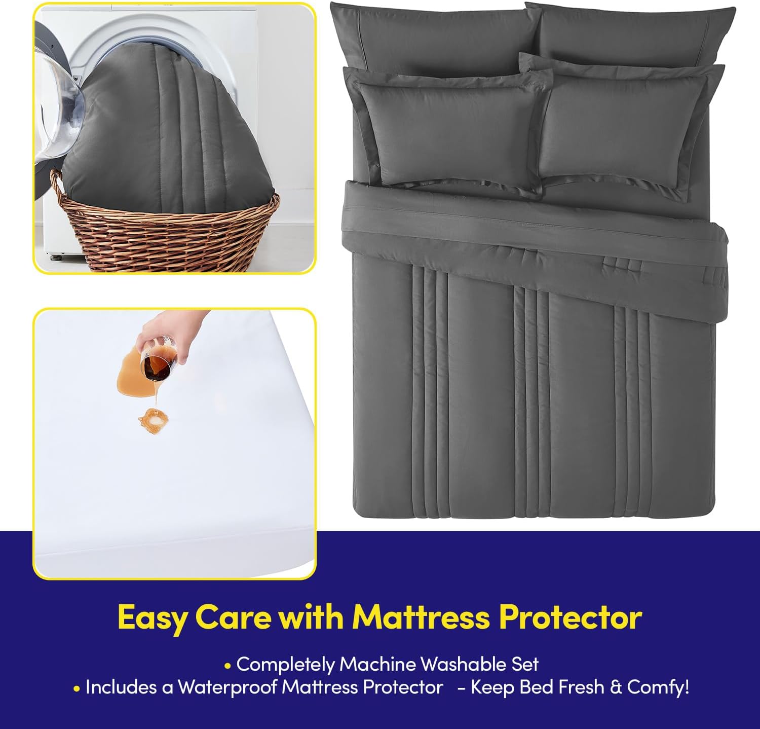 Full Size Comforter Set Quilted Stripe Bedding Bundle – Comforter, Mattress Protector, Sheets with Pockets on the Side & Built-in Corner Strap – Fitted Sheet Media Pocket for Devices, Charcoal