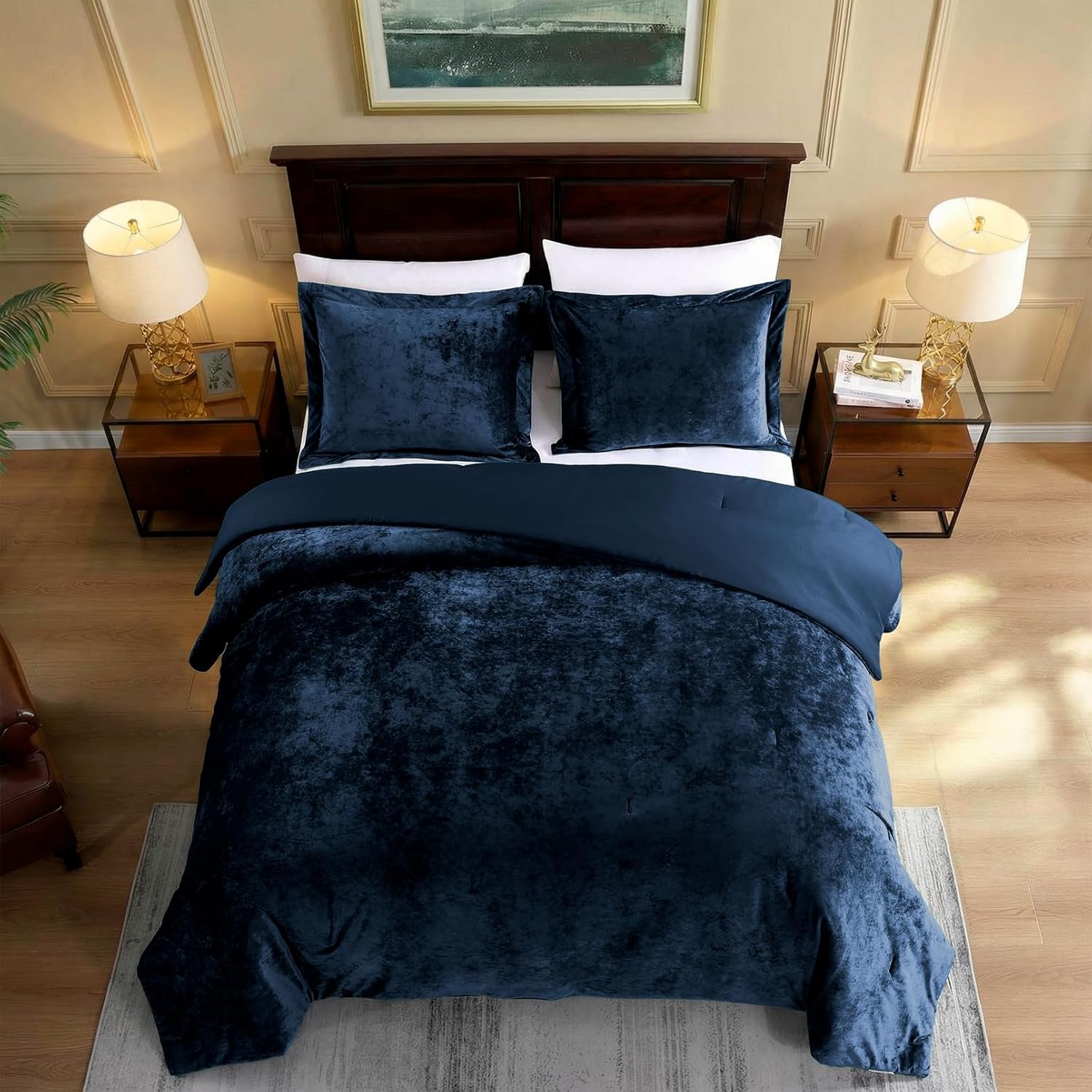 TAMGHO Navy Blue Velvet Comforter King Set 3pc, Blue Velvet Bedding King Size for All Seasons, 1 Comforter (108"x96") and 2 Pillow Shams (20"x36")