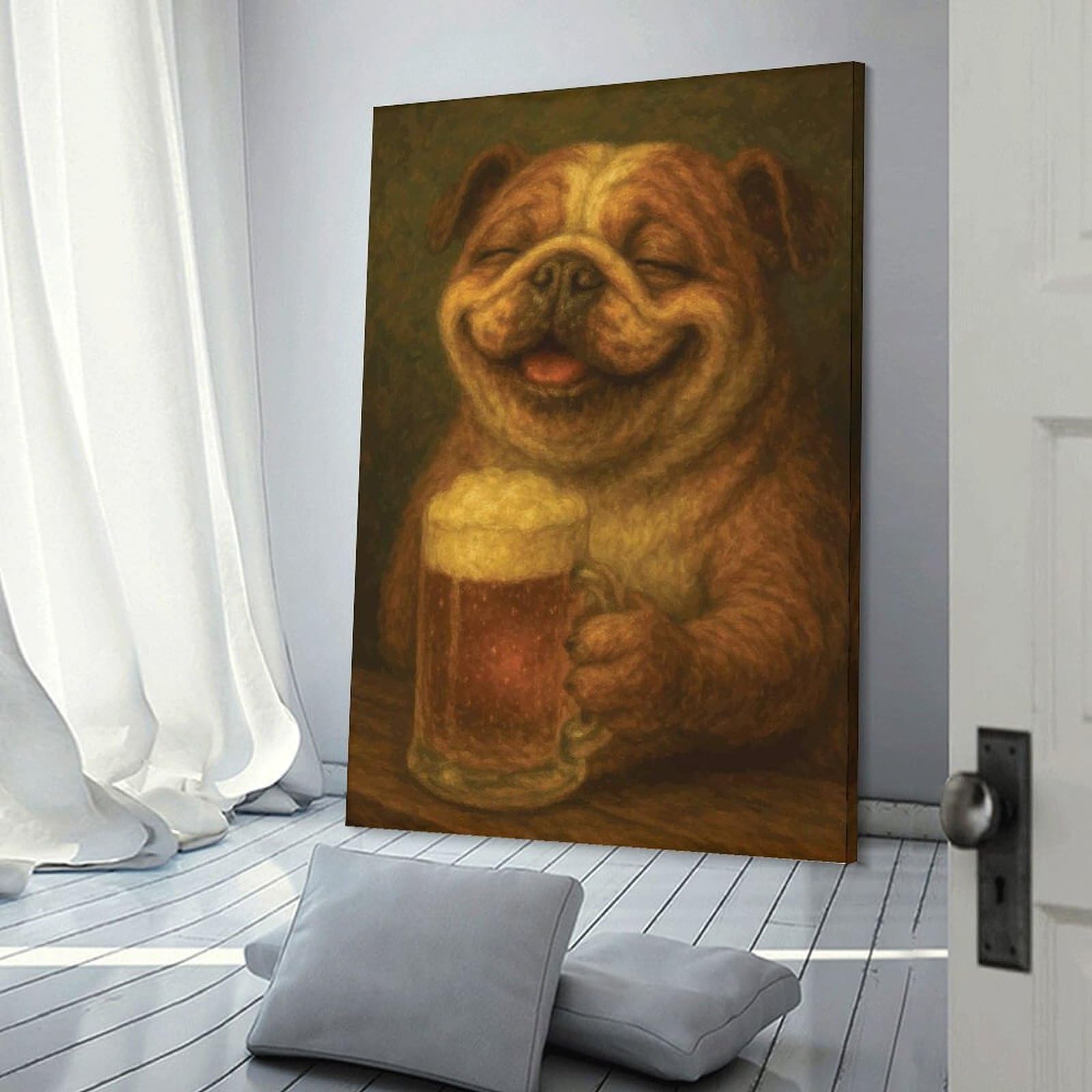 Junmoney Wall Picture Print Happy Bulldog with Beer Painting, 24x36inch(60x90cm), for Wall Displays, Bedrooms Or Room Updates, Wall Decor Suited to Curated Displays