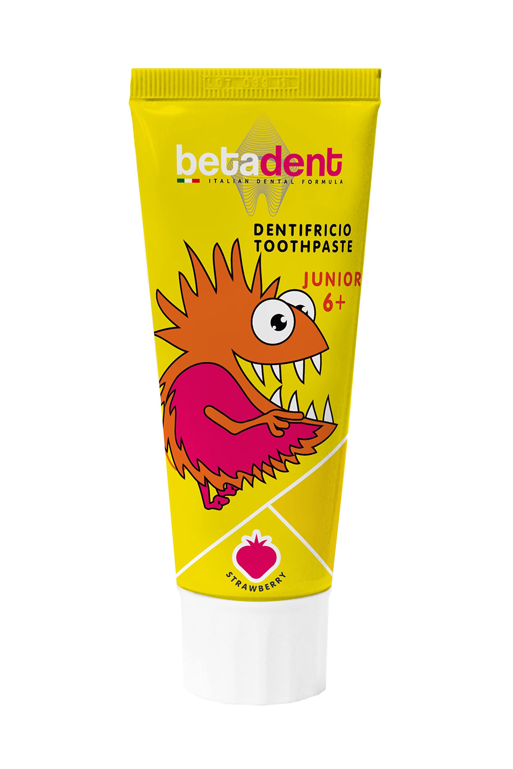 Betadent DENTIFRICIO JUNIOR 6+ per bambini di età superiore ai 6 anni. Formulazione naturale, antiplacca e anticarie. Equilibrato dosaggio di Sali di Fluoro alla concentrazione di 950 ppm F - 75 ml