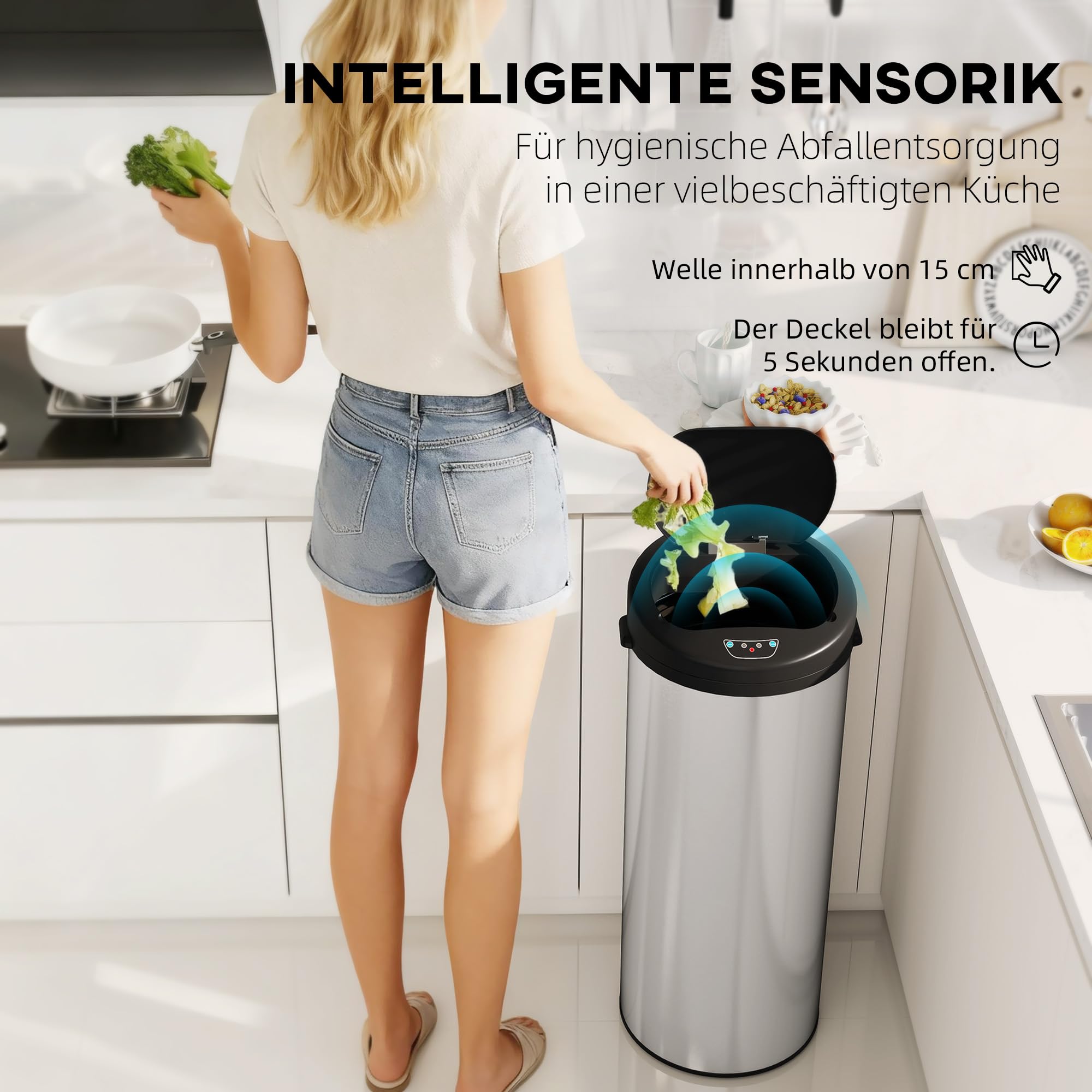 HOMCOM Sensor Mülleimer 55L Berührungsloser Abfalleimer für Büro Silber
