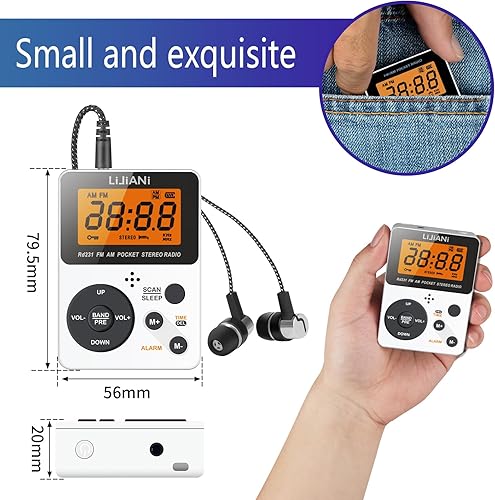 Miniatura 5 de Radio AM FM portátil de bolsillo con auriculares estéreo, radio a batería por 2 AAA, preajuste manual, pantalla grande, radios de llave de bloqueo,