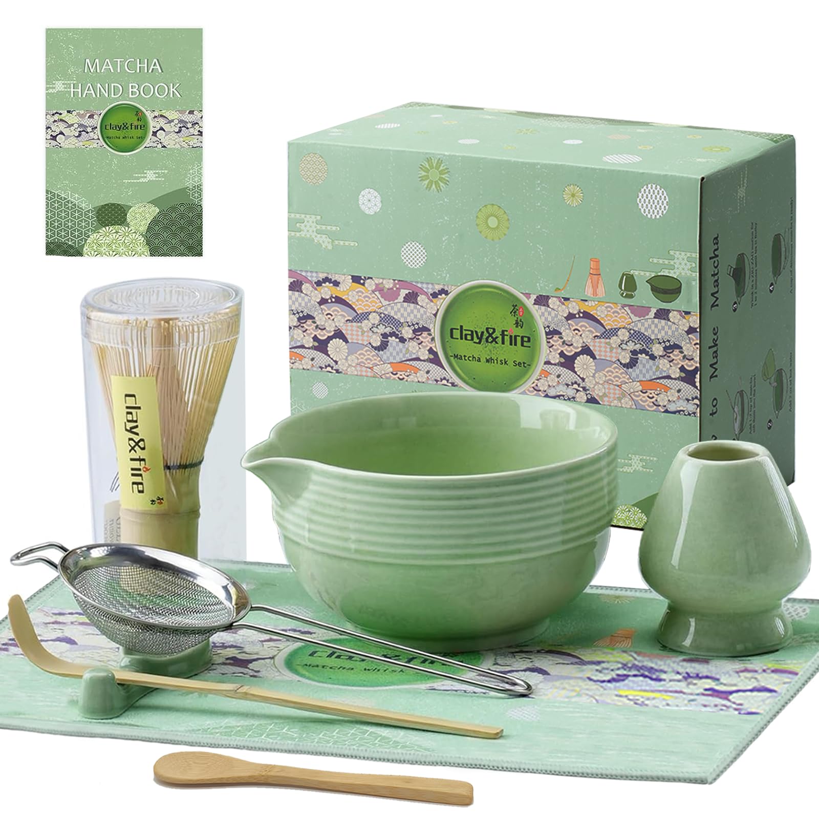Clay&Fire Matcha Set, 9 Teiliges Matcha Besen Set - Bambus Matcha Whisk, Matcha Schale mit Auslauf, Japanisches Matcha Kit für Matcha-Liebhaber, Weihnachtsgeschenke,Geschenk