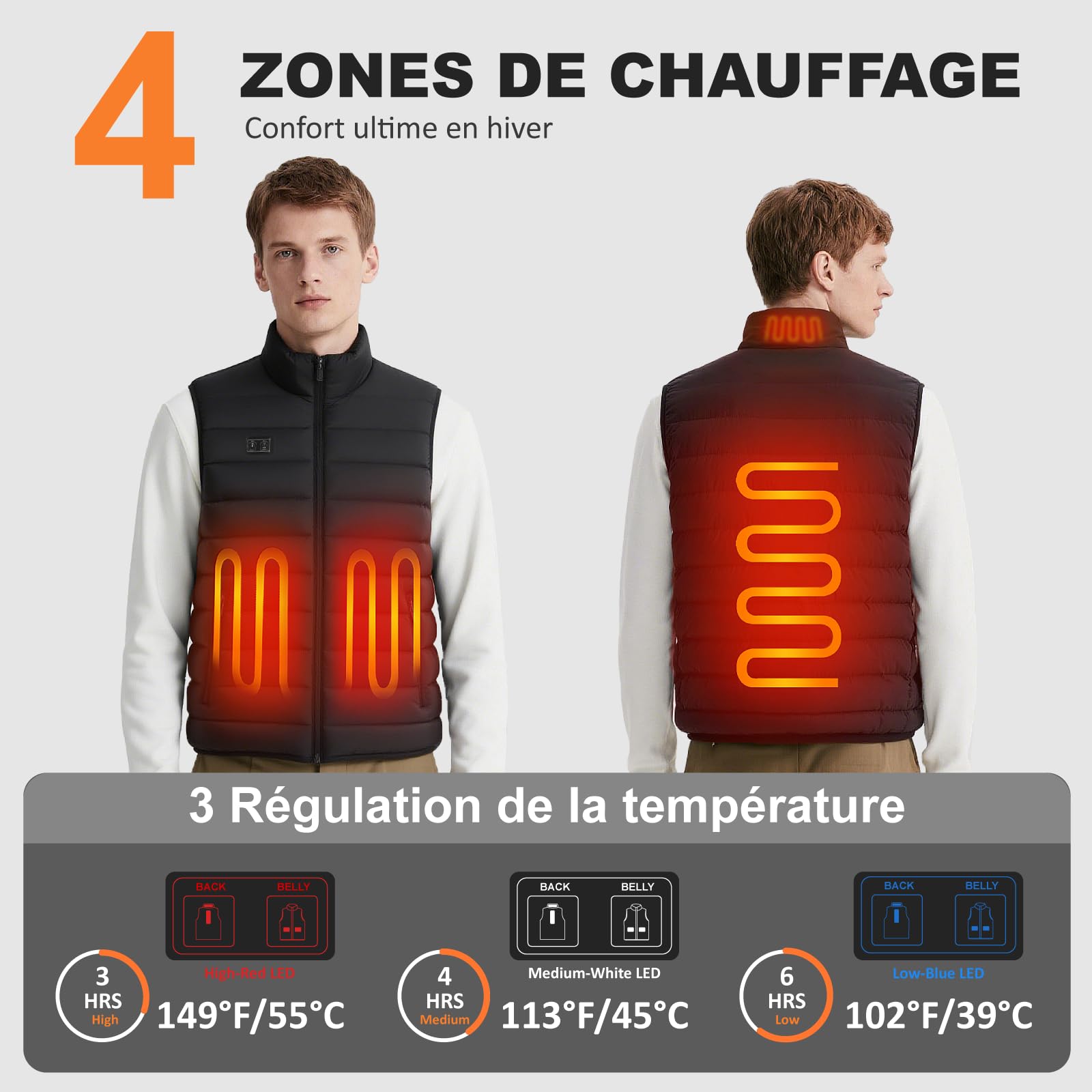 seenlast Veste Chauffante Homme, Gilet Chauffant Homme avec Batterie 10000mAh Incluse, Doudoune Chauffante avec Chauffage 4 Zones et 3 Niveaux pour Ski Moto Chasse Camping, Lavable en Machine
