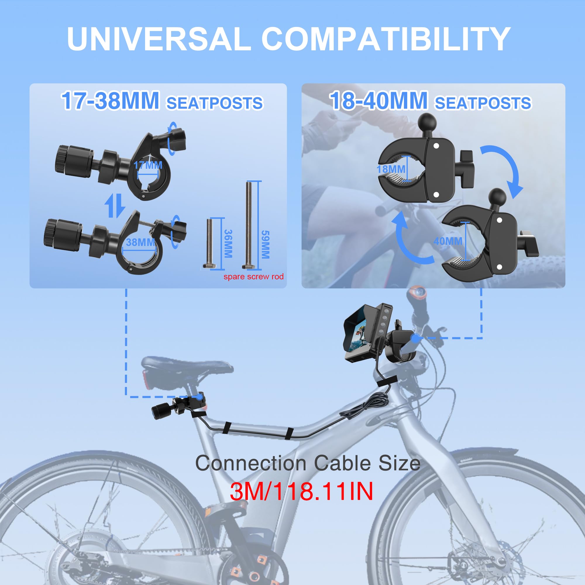 PARKVISION Fahrradspiegel Fahrrad Rückfahrkamera mit Verstellbarer Drehbarer Klammer, Ausgezeichneter Nachtsicht Fahrradlenker Fahrrad Rückspiegel Kit (geeignet für Lenker 20-40 mm)