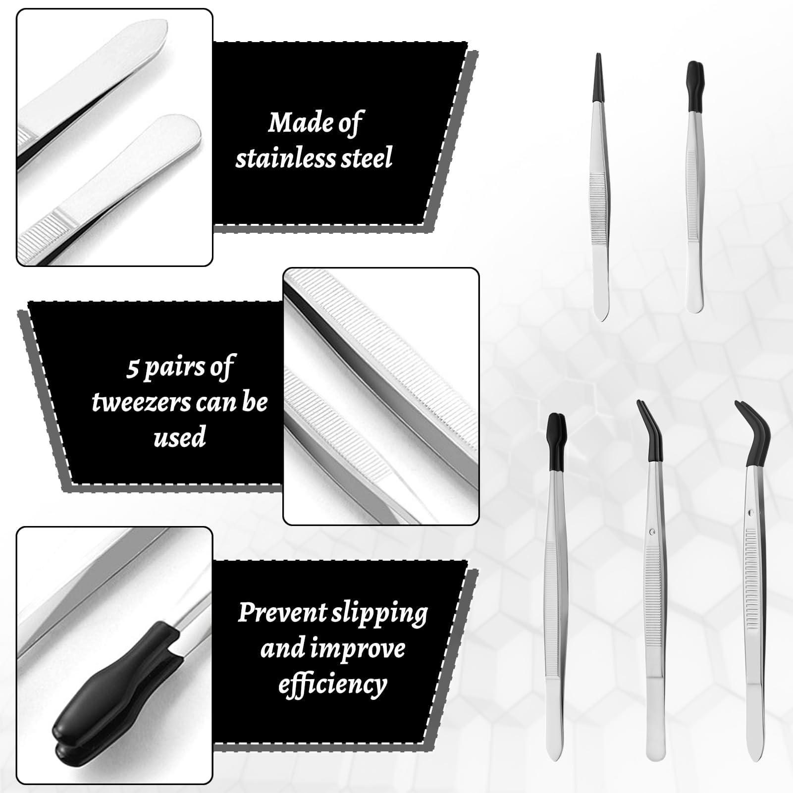 Lot de 5 pinces à épiler en acier inoxydable avec pointe en caoutchouc pour entomologie, taxidermie et travaux fins