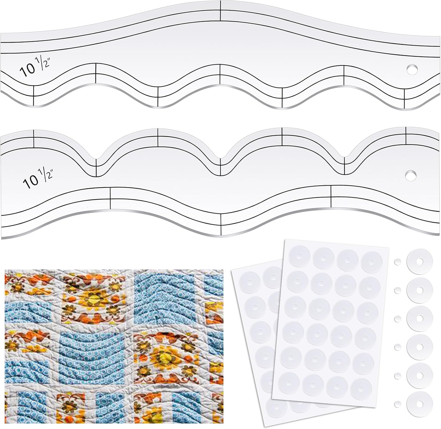 Kigley 4 Pcs Free Motion Quilting Templates Waves Acrylic Quilting Rulers for Machine Free Motion Sewing Stencils Patchwork Splicing with 96 Pcs Nonslip Grips(Rolling+Gentle)