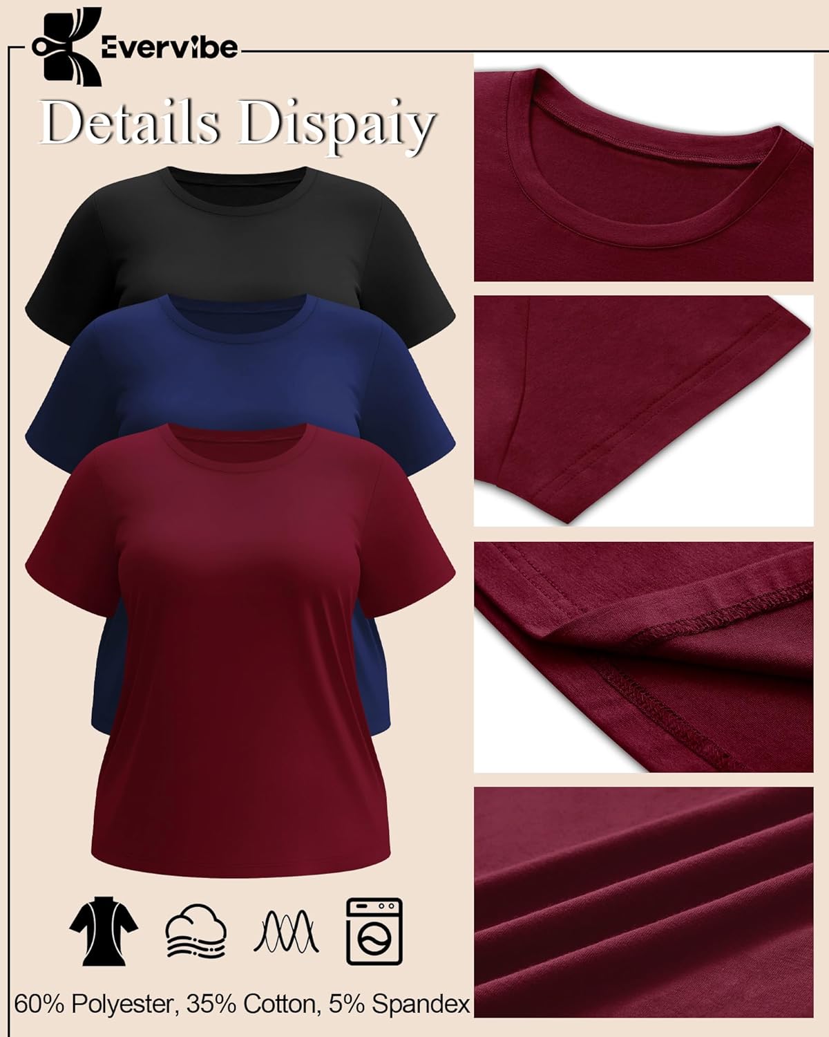 Evervibe 3 Pack Plus Size Women's T-Shirts Crew Neck Short Sleeve Tops Loose Fit Casual Summer Basic Plain Tees