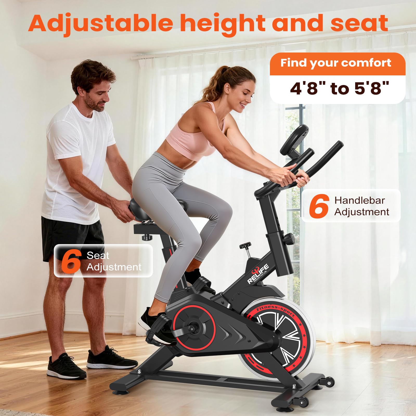 RELIFE REBUILD YOUR LIFE Exercise Bike Stationary for Home Indoor,Cycling Bike with Silent Belt Drive for Home Cardio,Brake Pad Resistance with djustable & Comfort Seat/PAD Holder/LCD Monitor.