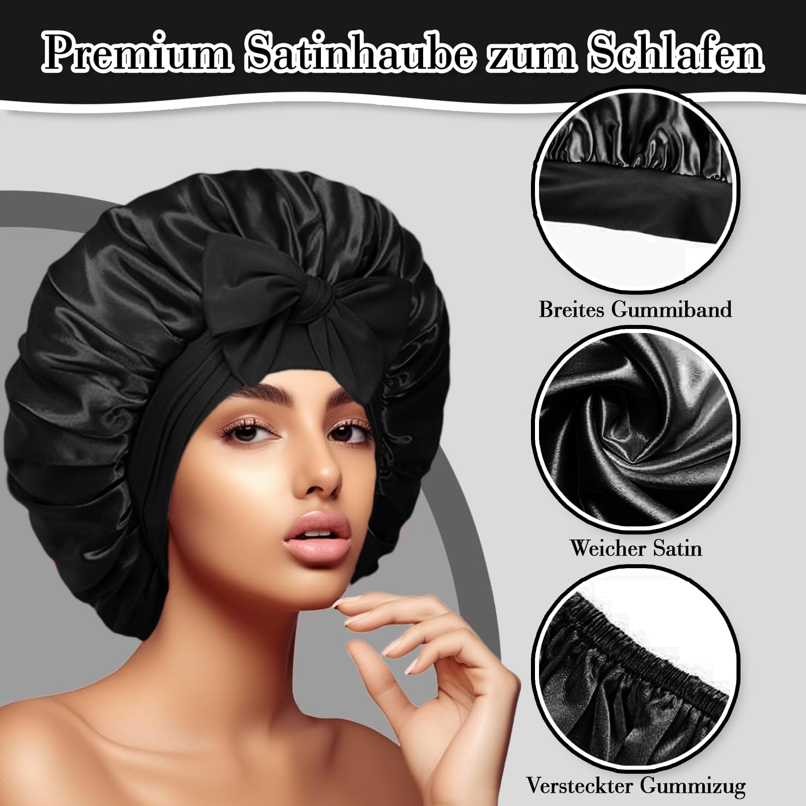 NICECONE Large Satin Bonnet Silk Bonnet for Sleeping Silky Sleep Cap with Elastic Tie Jumbo Sleeping Cap with Adjustable Wide Soft Bands Night Cap for Women Girls Curly Hair (Black) - Image 3