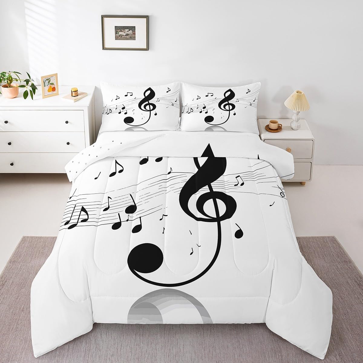 Erosebridal Girls Musical Notes Comforter Set, Kids Musical Staves Pattern Down Comforter Queen Size, Music Theme Hip Hop Bedding Set for Boys Teens Women, Modern Simple Quilted Duvet, Black White