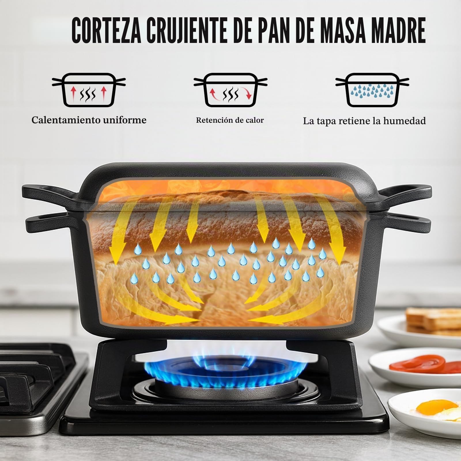 GFTIME Cacerola de hierro fundido de 35 cm para hornear pan, molde para pan con tapa, molde resistente con tapa, ideal para pan, pan de hierro fundido, molde para pan tostado