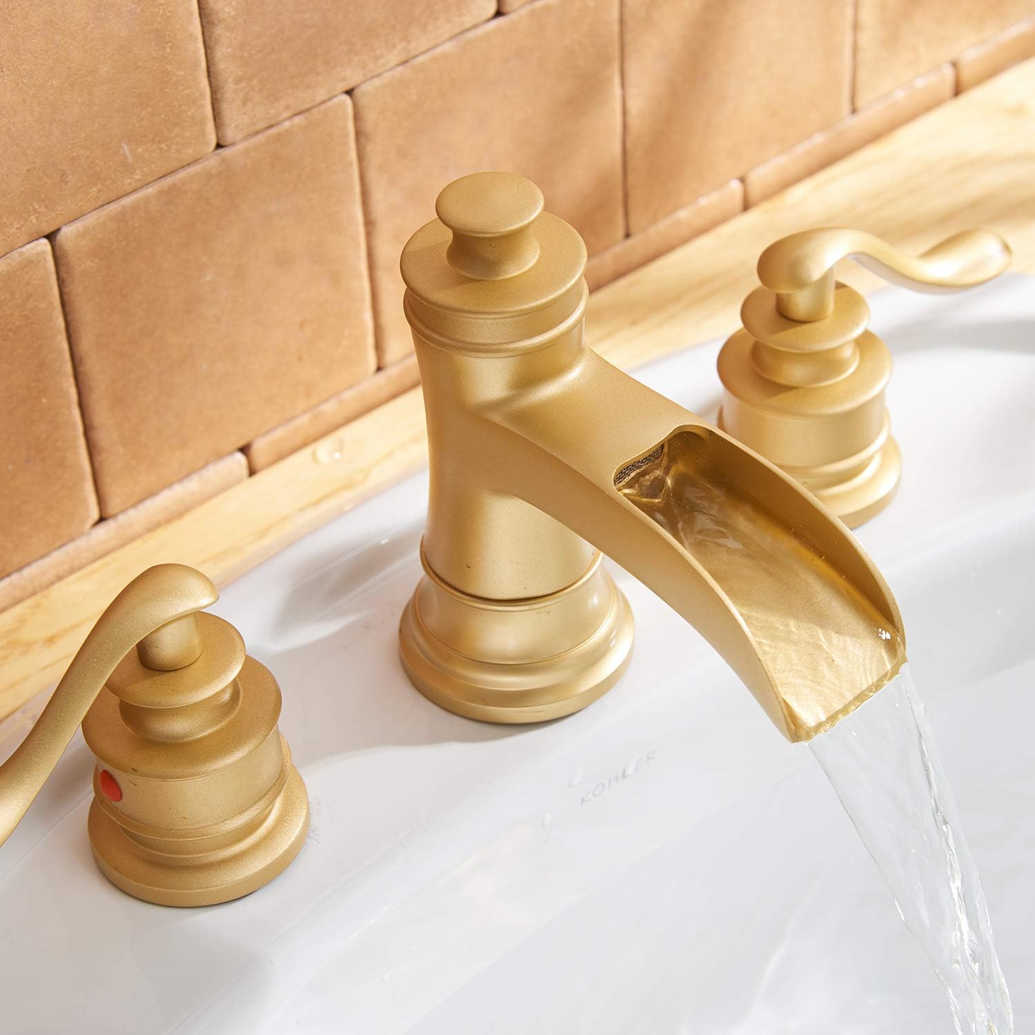 🛒 Flаѕh Sаlе BWE Brushed Gold Waterfall 8-16 Inch 3 Holes 2 Handles Commercial Widespread Bathroom Sink Faucet Lavatory