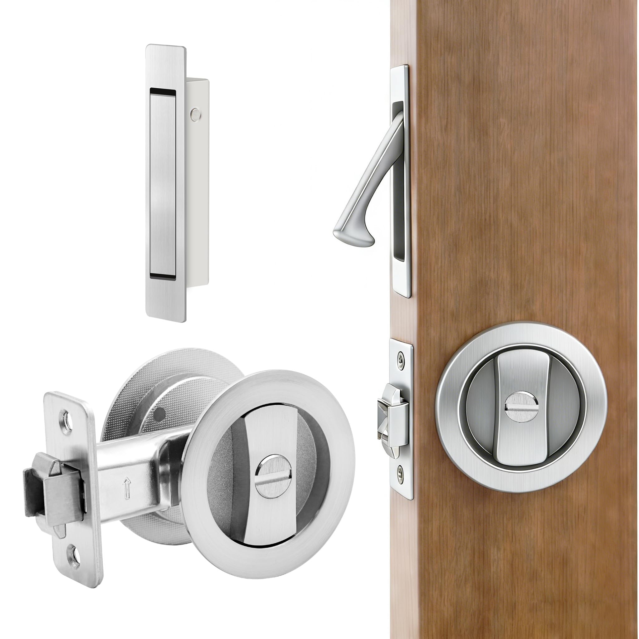Dontay Pocket Door Privacy Lock with Edge Pull Handle,(Bed/Bath)1 3/8" Backset,Stainless Steel Recessed 2 Sided,Recessed Knob,1 3/8" to 2 3/16" Bathroom&Sliding Door (Brushed Nickel, Round - 1 Set)
