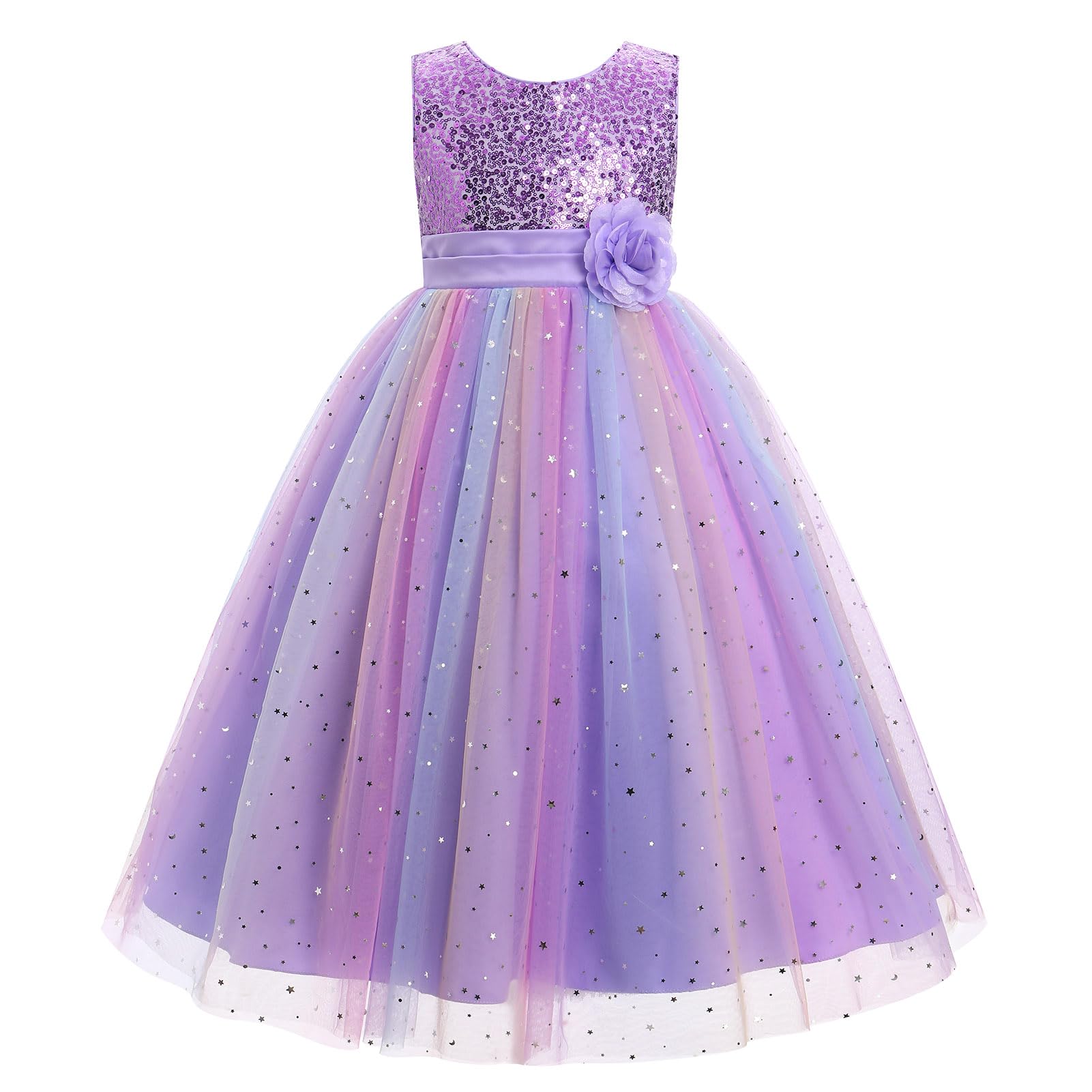 IDOPIP Paillettenkleid für Mädchen, glitzernd, Party, formell, Festzug, Geburtstag, Hochzeit, Blumenmädchenkleid, ärmellos, Regenbogen-Tüllkleider