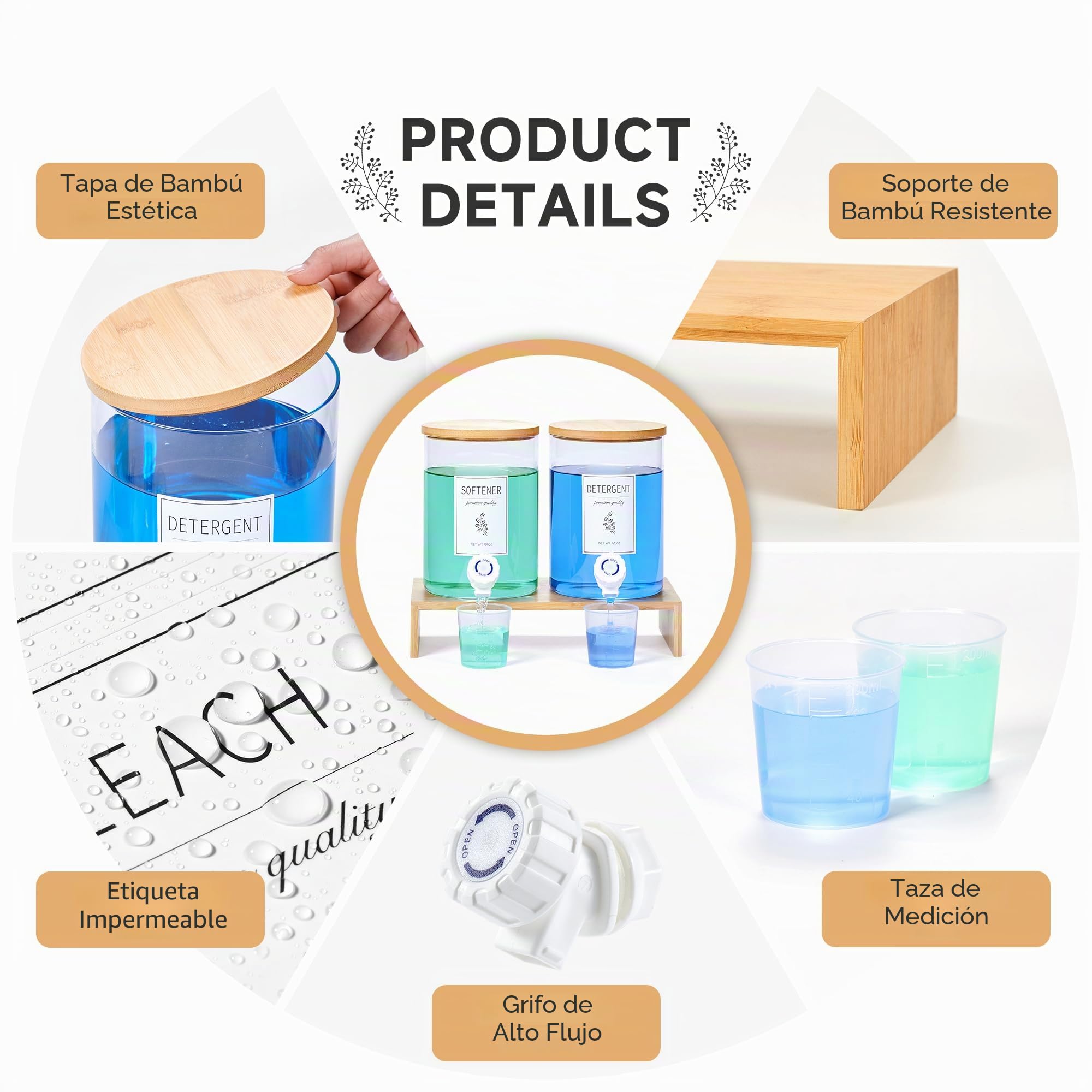 Dispensador de detergente de vidrio para ropa con estante y tapa de bambú, detergente líquido de 3,5 litros, dispensador de jabón para ropa y suavizante de tela para organización y almacenamiento del